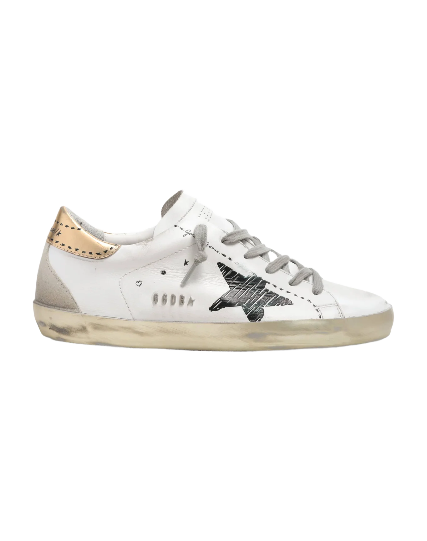 Women | Super-Star Sneakers White Leather with Black Sketched Star & Gold Leather Heel Tab | White x Black x Gold x Ice - Image 2