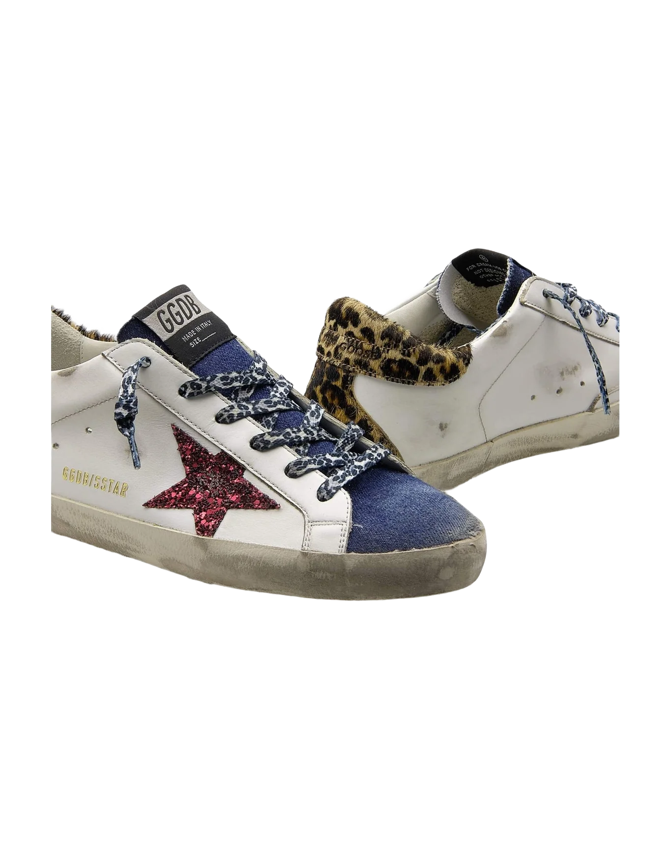 Women | Super-Star Sneakers White Leather with Burgundy Glitter Star & Leopard Pony Skin Heel Tab & Denim Insert | White x Blue x Red x Brown Leo