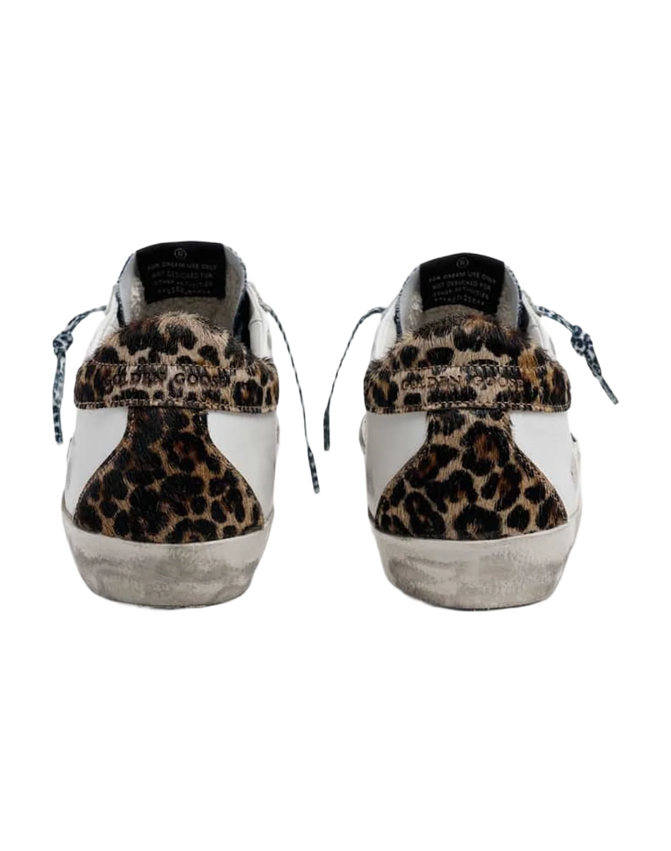 Women | Super-Star Sneakers White Leather with Burgundy Glitter Star & Leopard Pony Skin Heel Tab & Denim Insert | White x Blue x Red x Brown Leo - Image 2