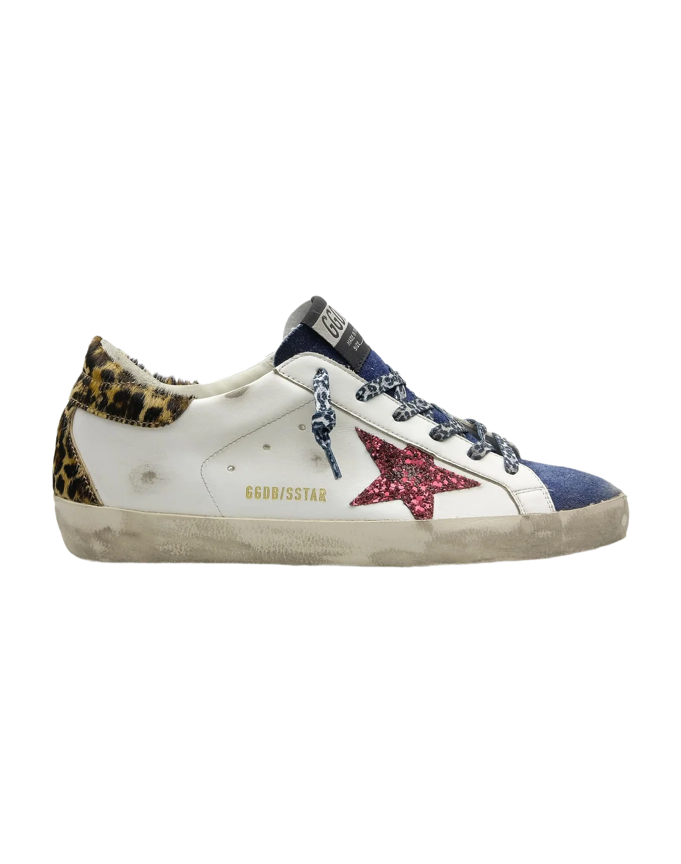 Women | Super-Star Sneakers White Leather with Burgundy Glitter Star & Leopard Pony Skin Heel Tab & Denim Insert | White x Blue x Red x Brown Leo - Image 3