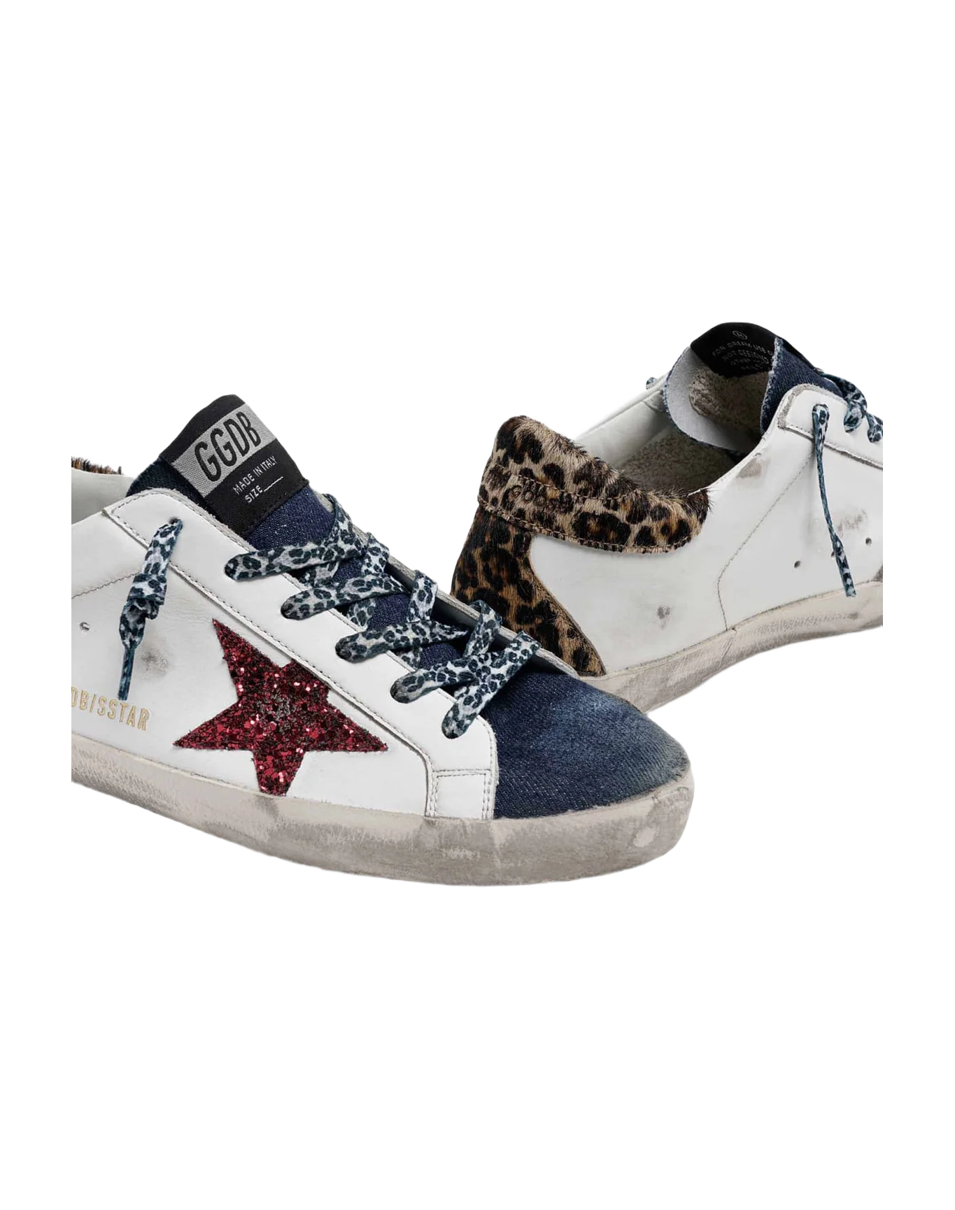 Women | Super-Star Sneakers White Leather with Burgundy Glitter Star & Leopard Pony Skin Heel Tab & Denim Insert | White x Blue x Red x Brown Leo - Image 5