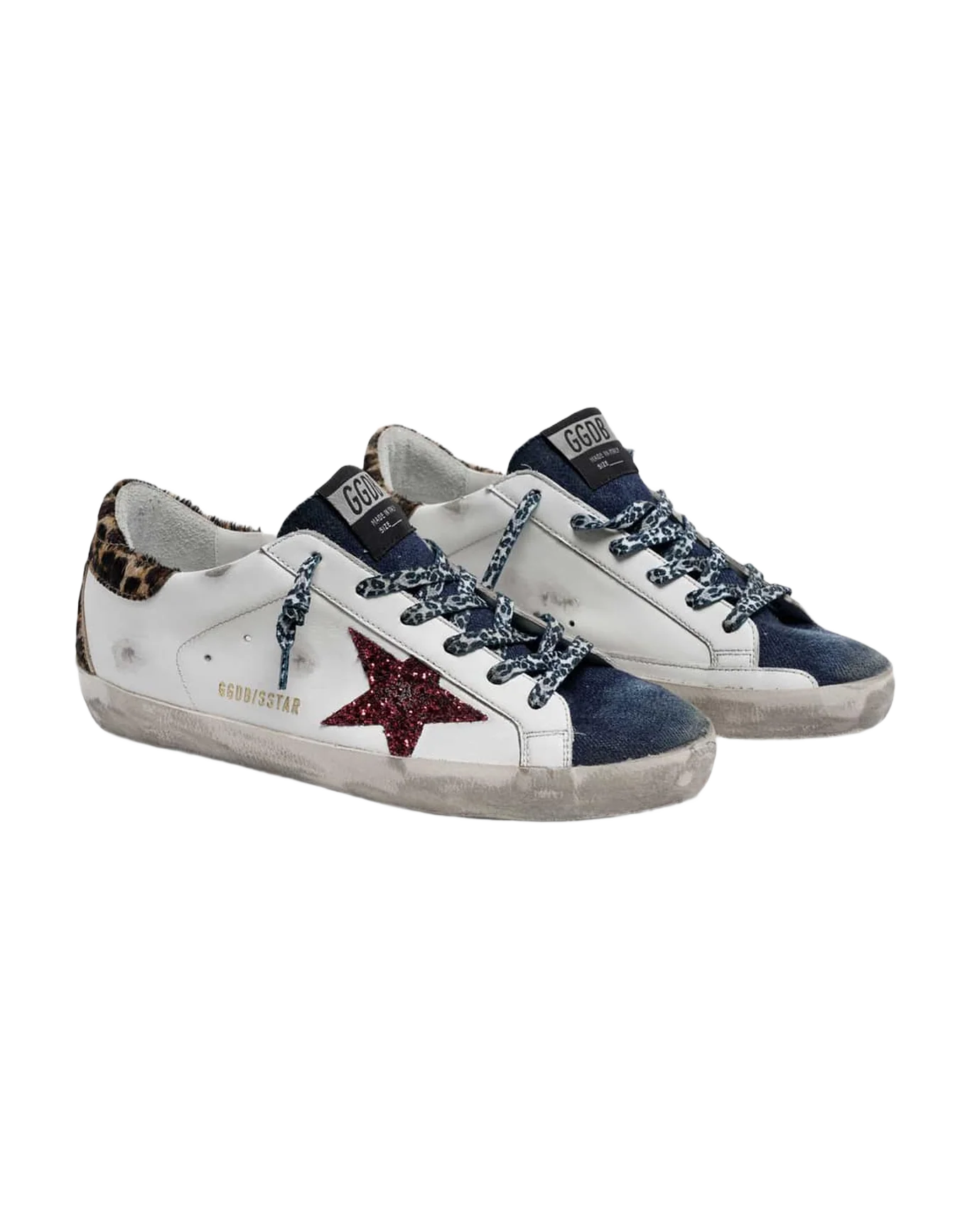 Women | Super-Star Sneakers White Leather with Burgundy Glitter Star & Leopard Pony Skin Heel Tab & Denim Insert | White x Blue x Red x Brown Leo - Image 6