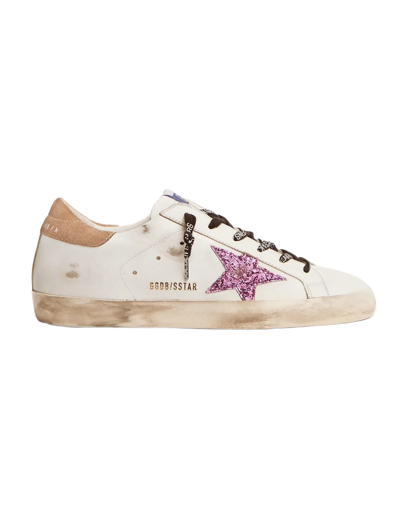 Women | Super-Star Sneakers White Leather with Lavender-Colored Glitter Star | White x Lavander x Beige