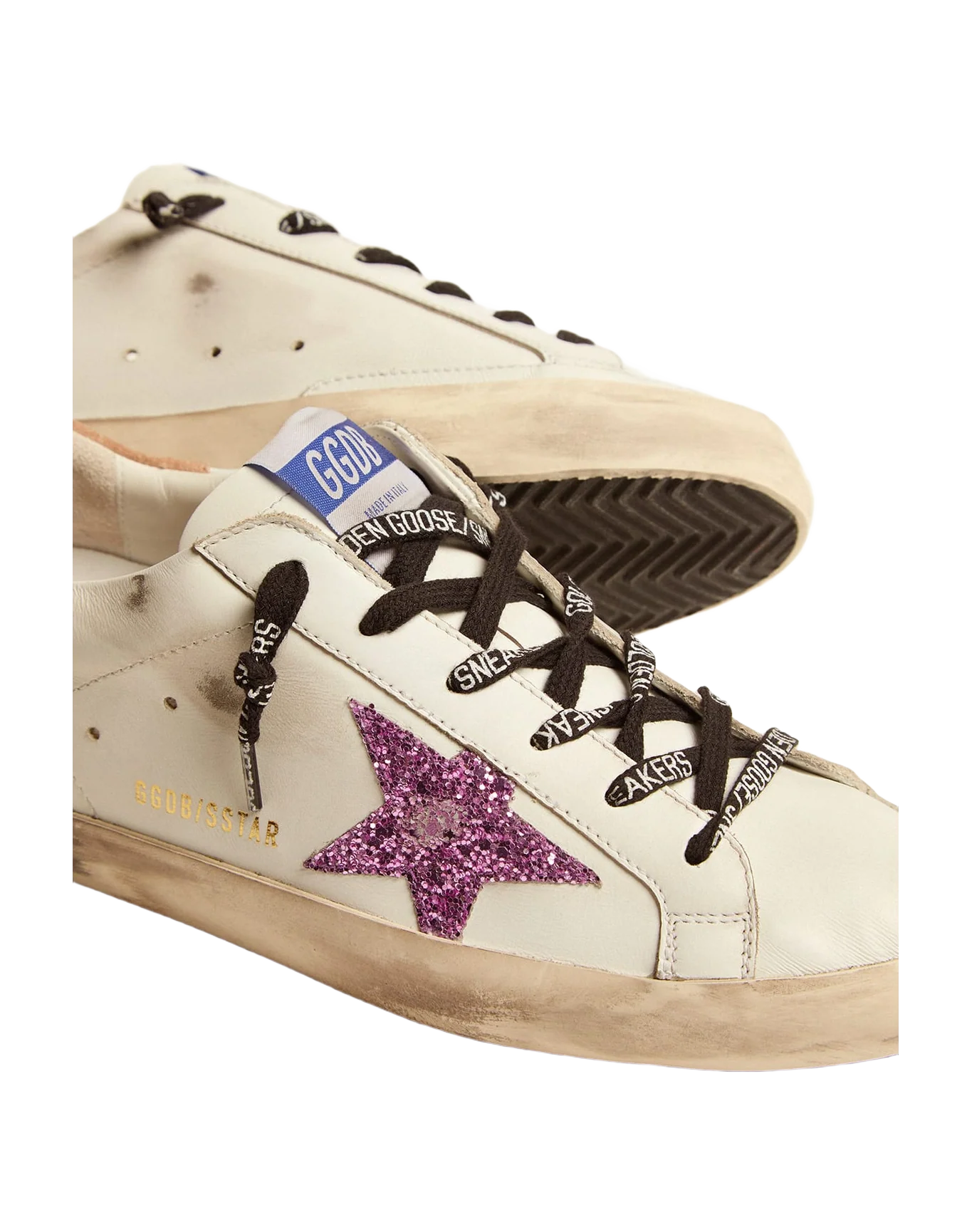 Women | Super-Star Sneakers White Leather with Lavender-Colored Glitter Star | White x Lavander x Beige - Image 7