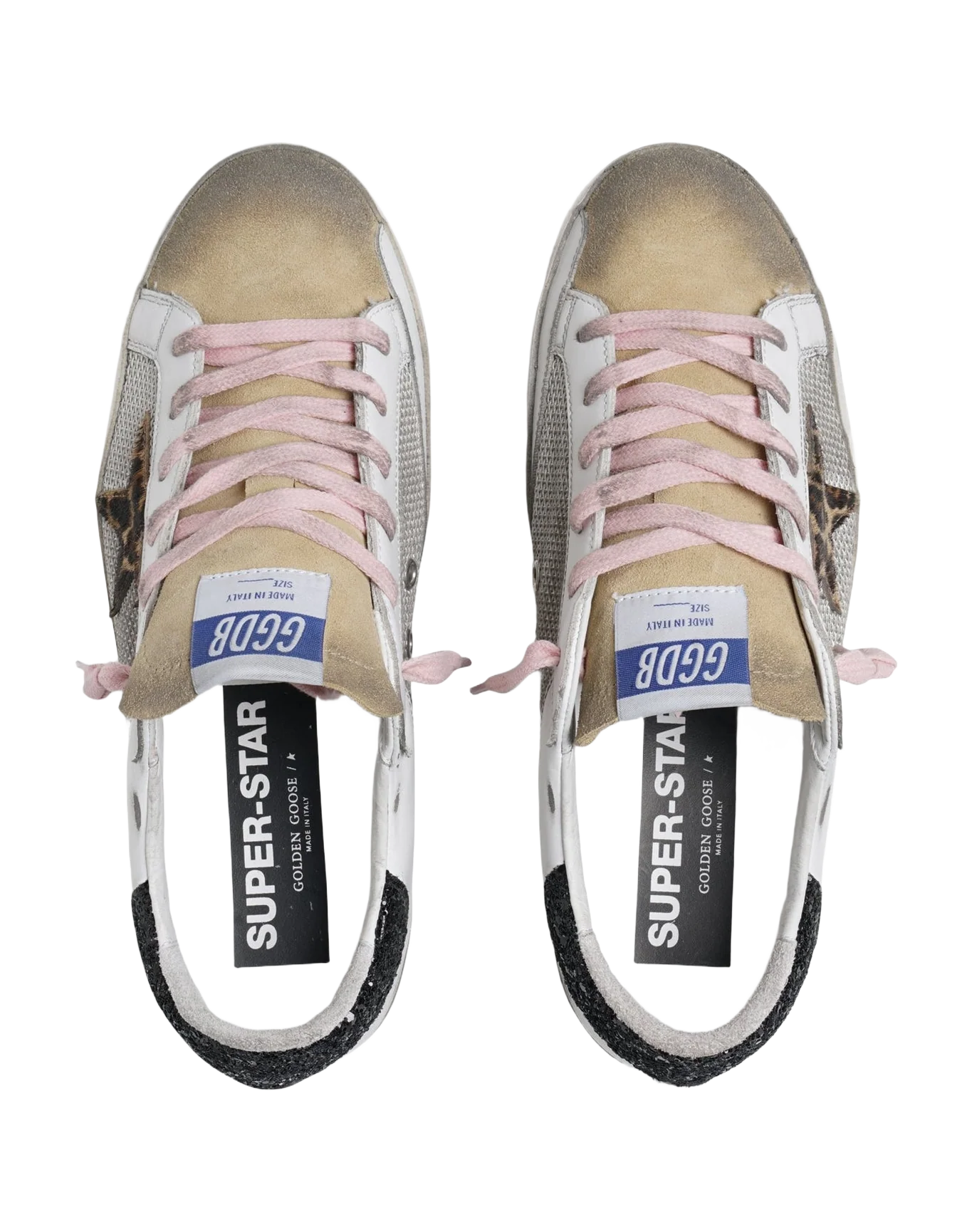 Women | Super-Star Sneakers White Leather with Leopard Pony Skin Star & Black Glitter Heel Tab | Silver x White x Cappuccino x Beige Brown Leo x Black