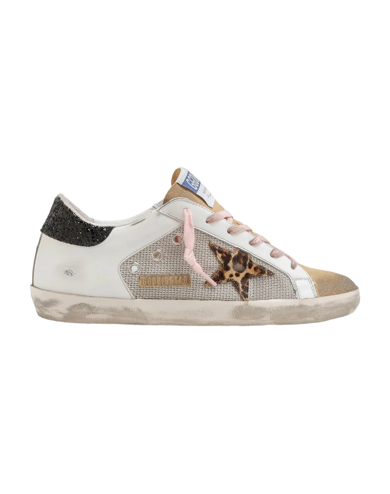 Women | Super-Star Sneakers White Leather with Leopard Pony Skin Star & Black Glitter Heel Tab | Silver x White x Cappuccino x Beige Brown Leo x Black - Image 3