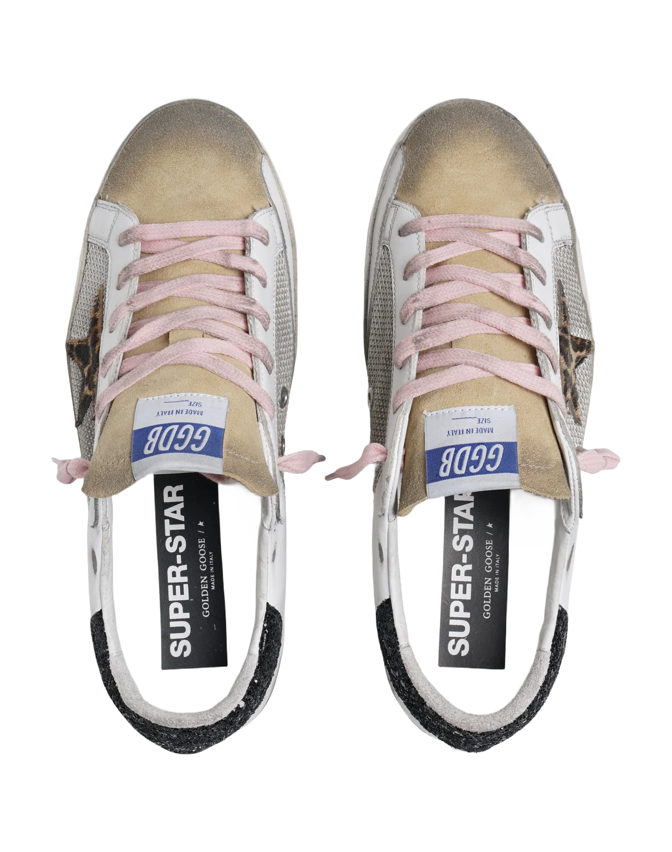 Women | Super-Star Sneakers White Leather with Leopard Pony Skin Star & Black Glitter Heel Tab | Silver x White x Cappuccino x Beige Brown Leo x Black - Image 6