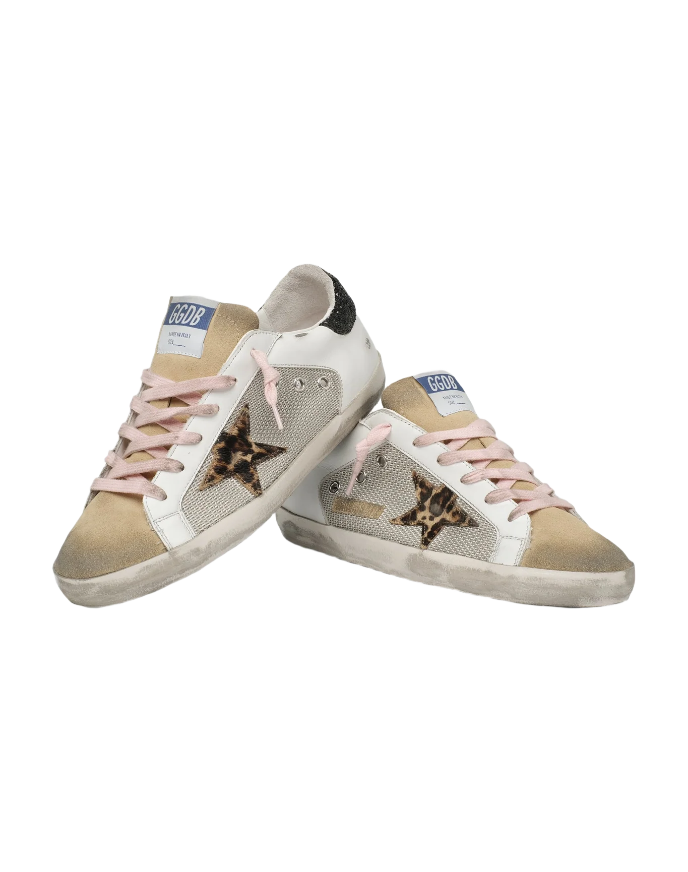 Women | Super-Star Sneakers White Leather with Leopard Pony Skin Star & Black Glitter Heel Tab | Silver x White x Cappuccino x Beige Brown Leo x Black - Image 7