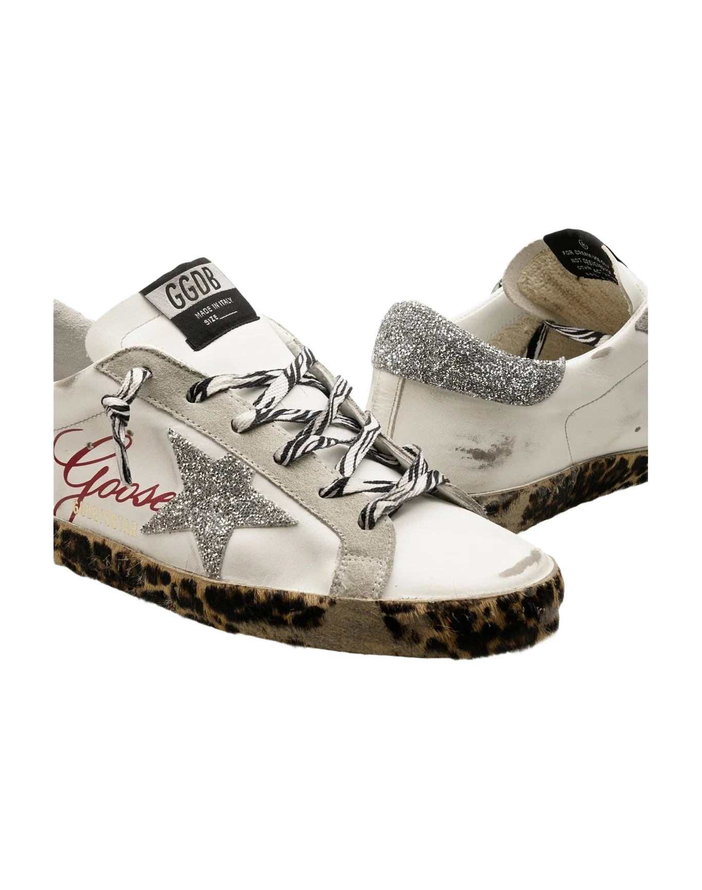 Women | Super-Star Sneakers White Leather with Silver Glitter Star & Heel Tab & Leopard Base | White x Ice x Silver x Brown Black Leo