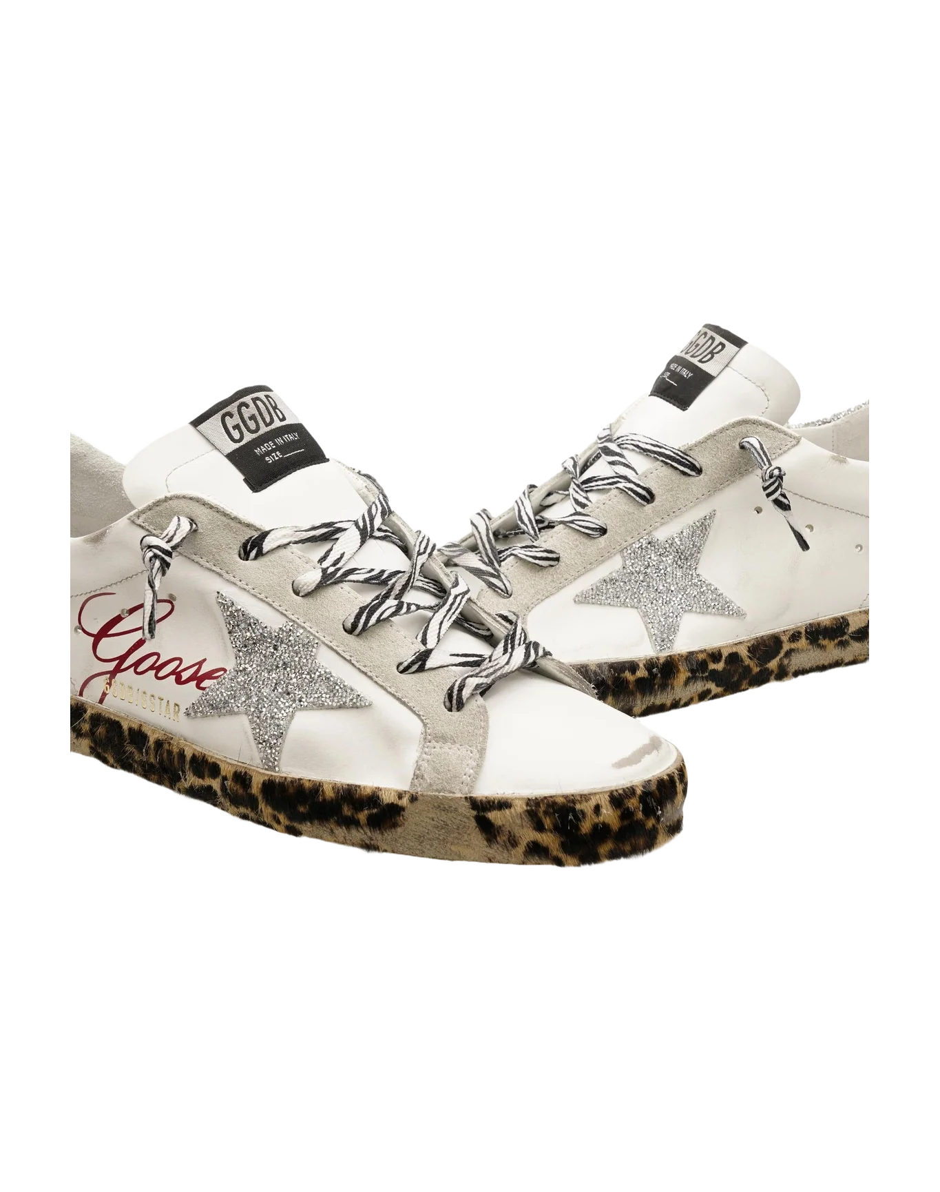 Women | Super-Star Sneakers White Leather with Silver Glitter Star & Heel Tab & Leopard Base | White x Ice x Silver x Brown Black Leo - Image 2