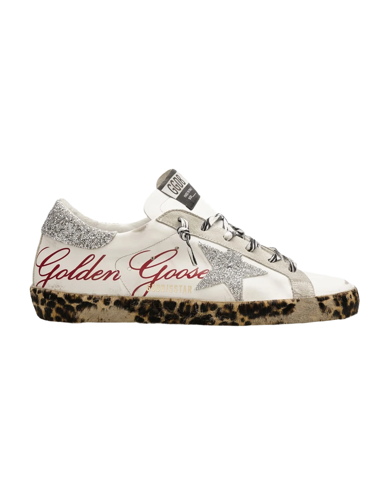 Women | Super-Star Sneakers White Leather with Silver Glitter Star & Heel Tab & Leopard Base | White x Ice x Silver x Brown Black Leo - Image 3