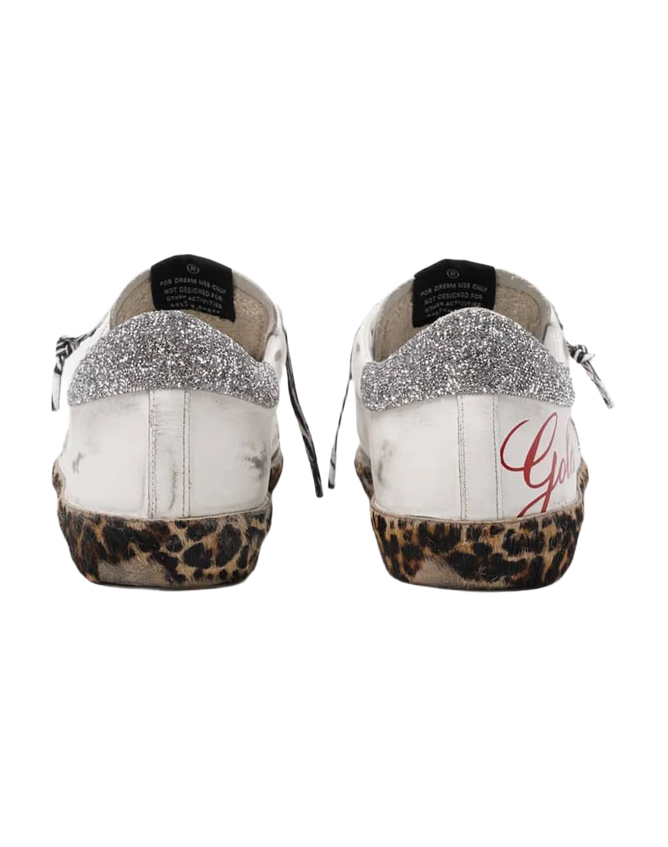 Women | Super-Star Sneakers White Leather with Silver Glitter Star & Heel Tab & Leopard Base | White x Ice x Silver x Brown Black Leo - Image 4