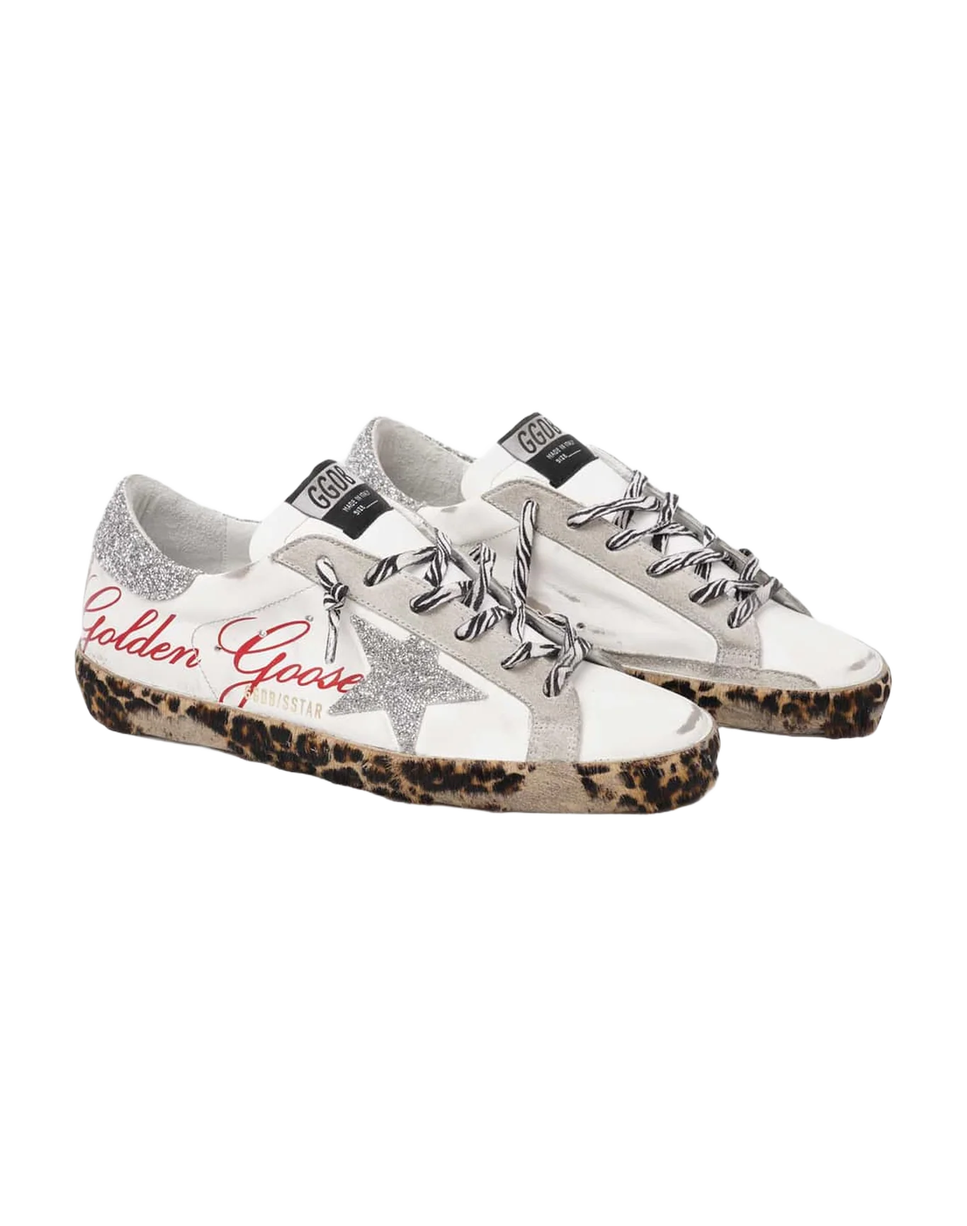 Women | Super-Star Sneakers White Leather with Silver Glitter Star & Heel Tab & Leopard Base | White x Ice x Silver x Brown Black Leo - Image 5