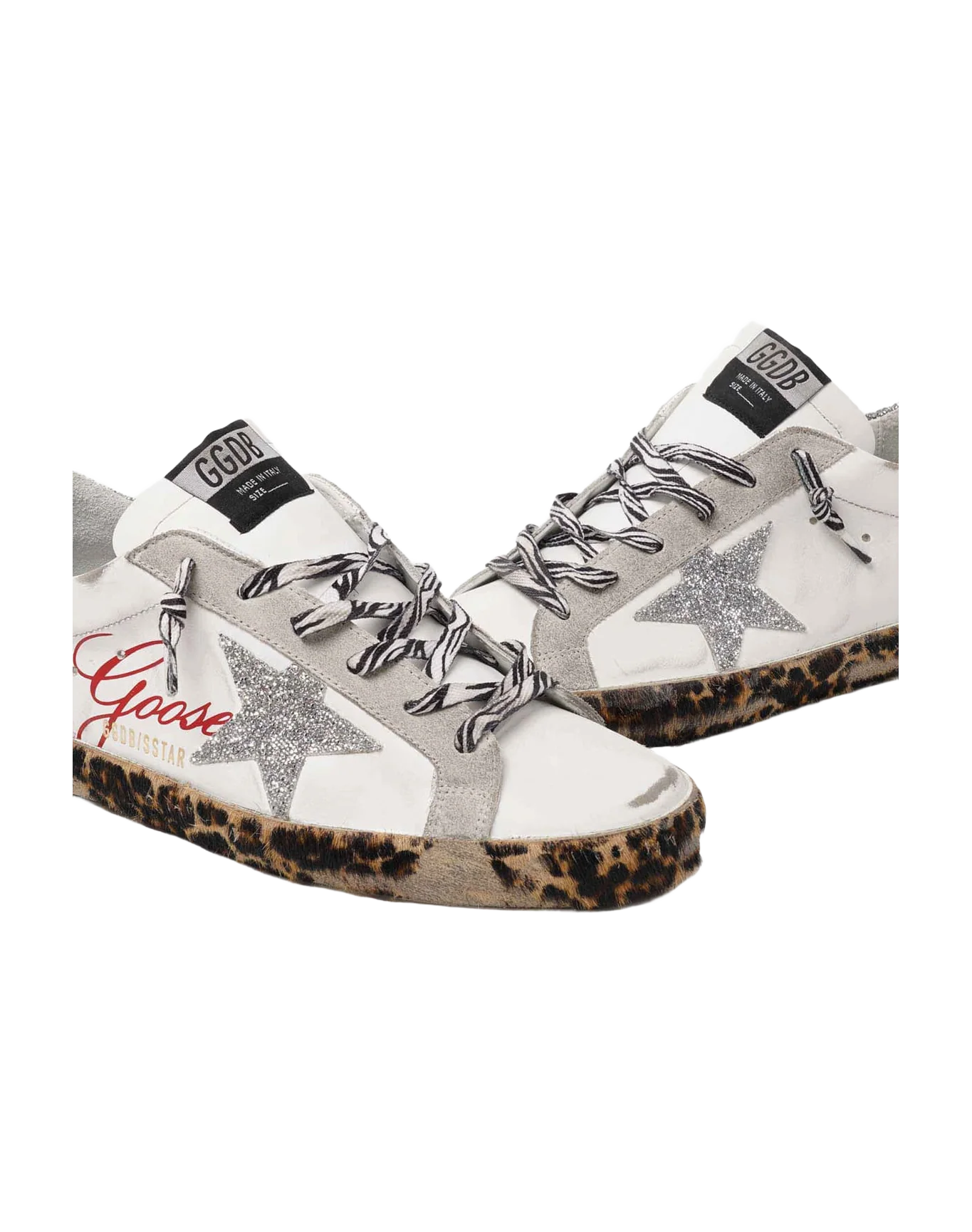 Women | Super-Star Sneakers White Leather with Silver Glitter Star & Heel Tab & Leopard Base | White x Ice x Silver x Brown Black Leo - Image 6
