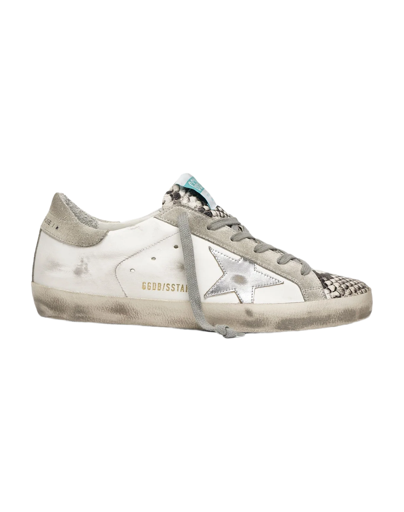 Women | Super-Star Sneakers White Leather with Silver Leather Star & Beige Suede Heel Tab & Snake Print Insert - Image 6