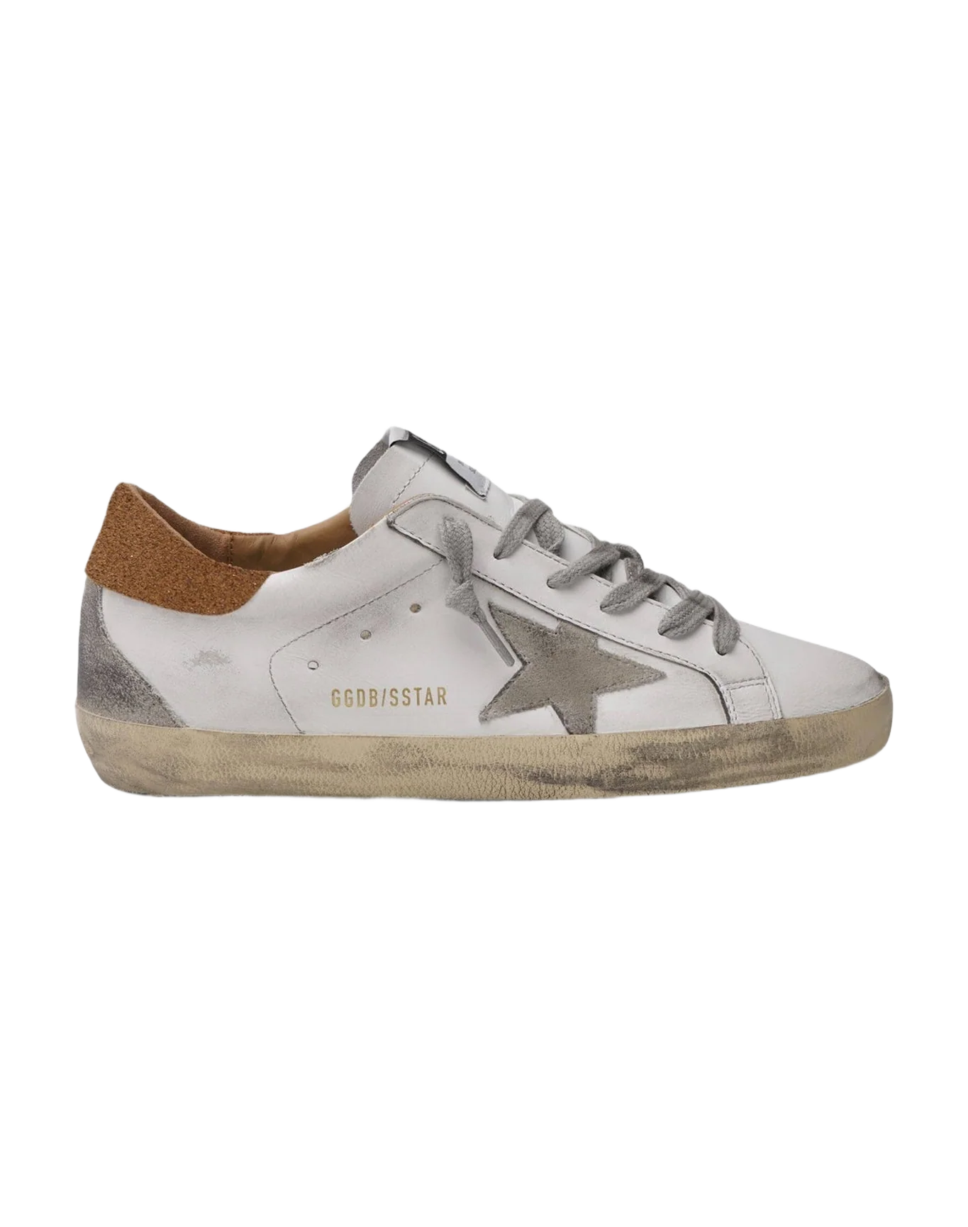 Women | Super-Star Sneakers White Leather with Silver Leather Star & Brown Heel Tab | White x Ice x Sand