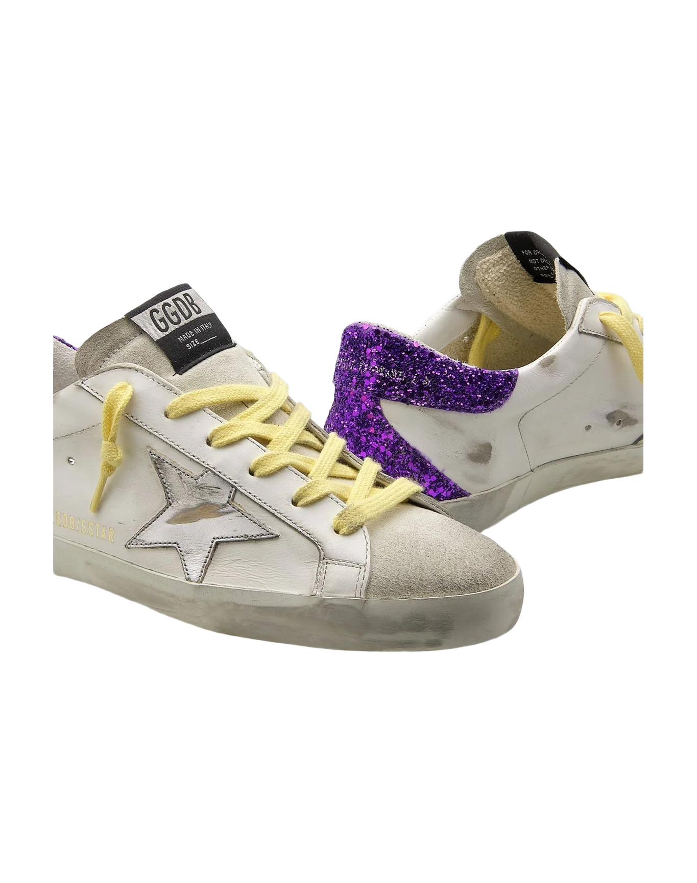 Women | Super-Star Sneakers White Leather with Silver Leather Star & Purple Glitter Heel Tab | White x Ice x Silver x Purple