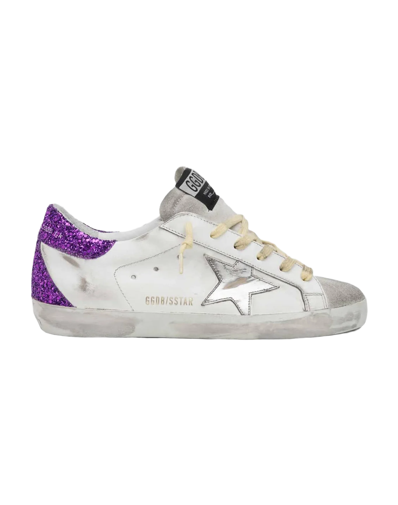 Women | Super-Star Sneakers White Leather with Silver Leather Star & Purple Glitter Heel Tab | White x Ice x Silver x Purple - Image 2