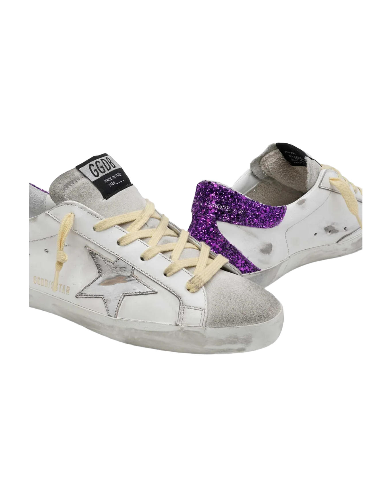 Women | Super-Star Sneakers White Leather with Silver Leather Star & Purple Glitter Heel Tab | White x Ice x Silver x Purple - Image 4