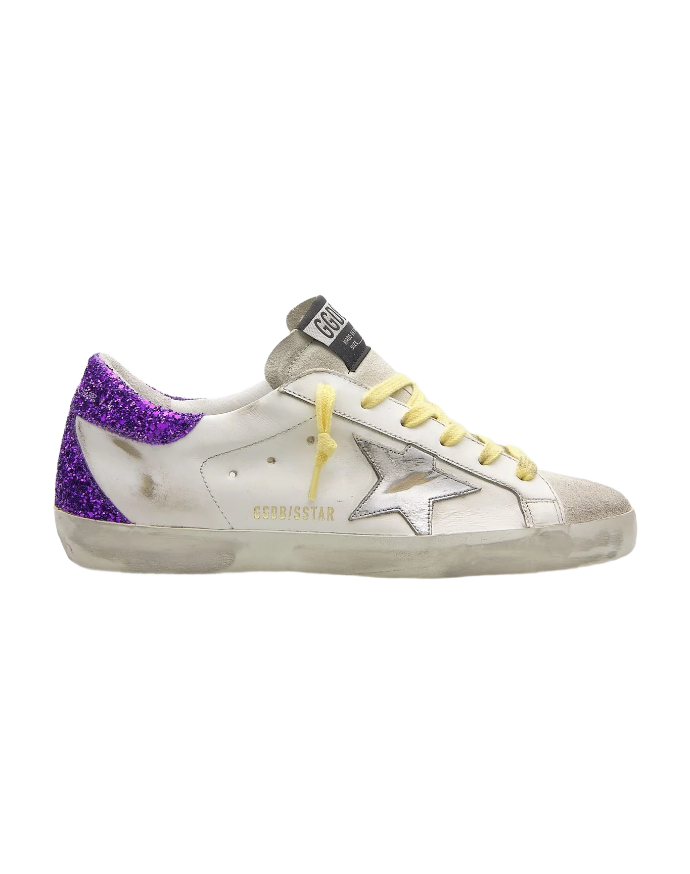 Women | Super-Star Sneakers White Leather with Silver Leather Star & Purple Glitter Heel Tab | White x Ice x Silver x Purple - Image 5