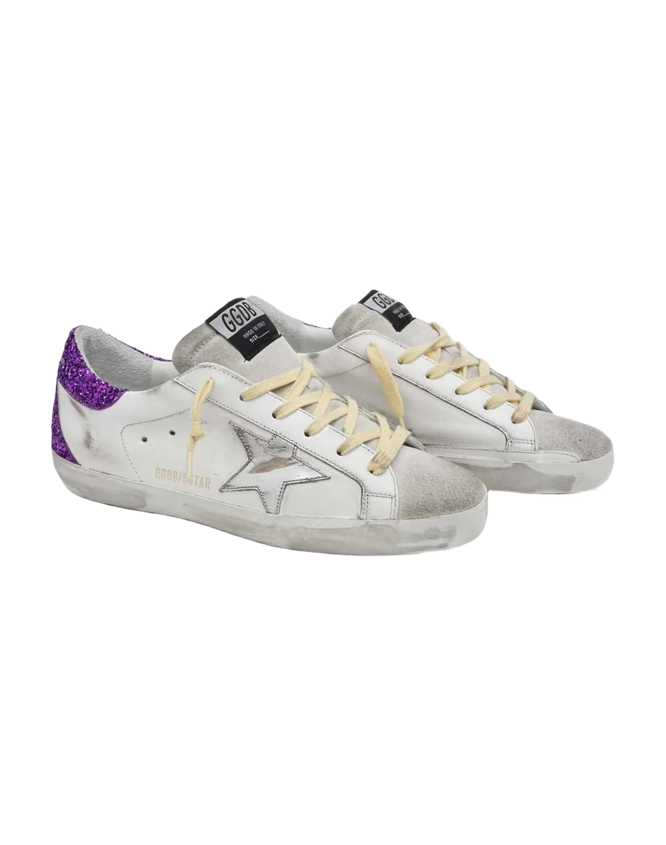 Women | Super-Star Sneakers White Leather with Silver Leather Star & Purple Glitter Heel Tab | White x Ice x Silver x Purple - Image 6