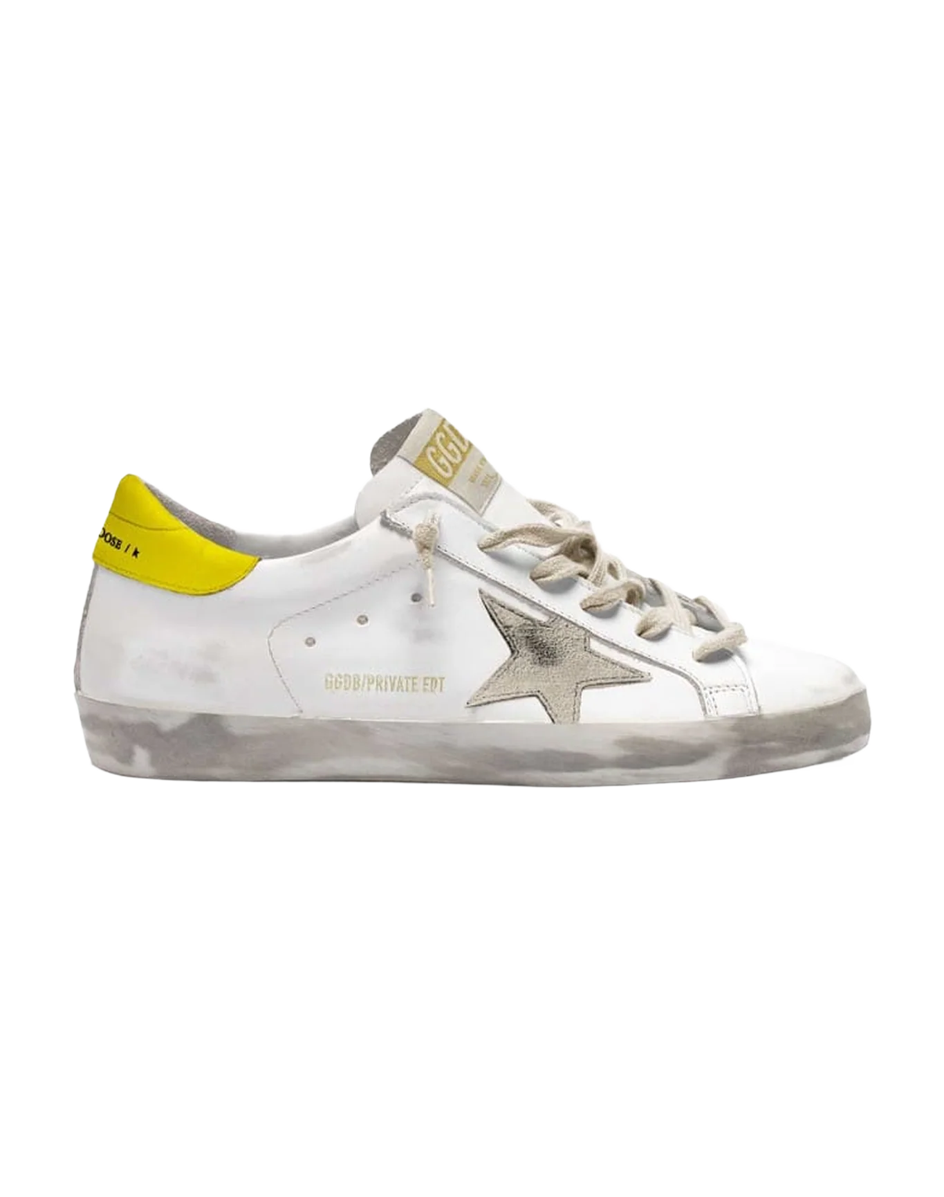 Women | Super-Star Sneakers White Leather with Suede Star & Yellow Heel Tab | White x Beige x Yellow - Image 2