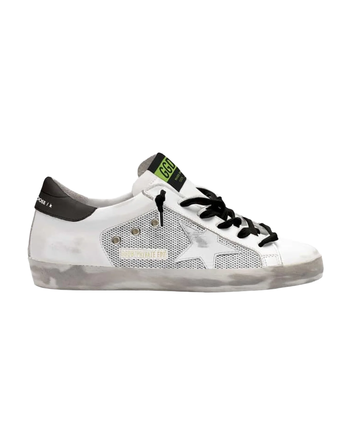 Women | Super-Star Sneakers White Net & Leather with White Star & Black Heel Tab | White x Light Silver x Black - Image 2