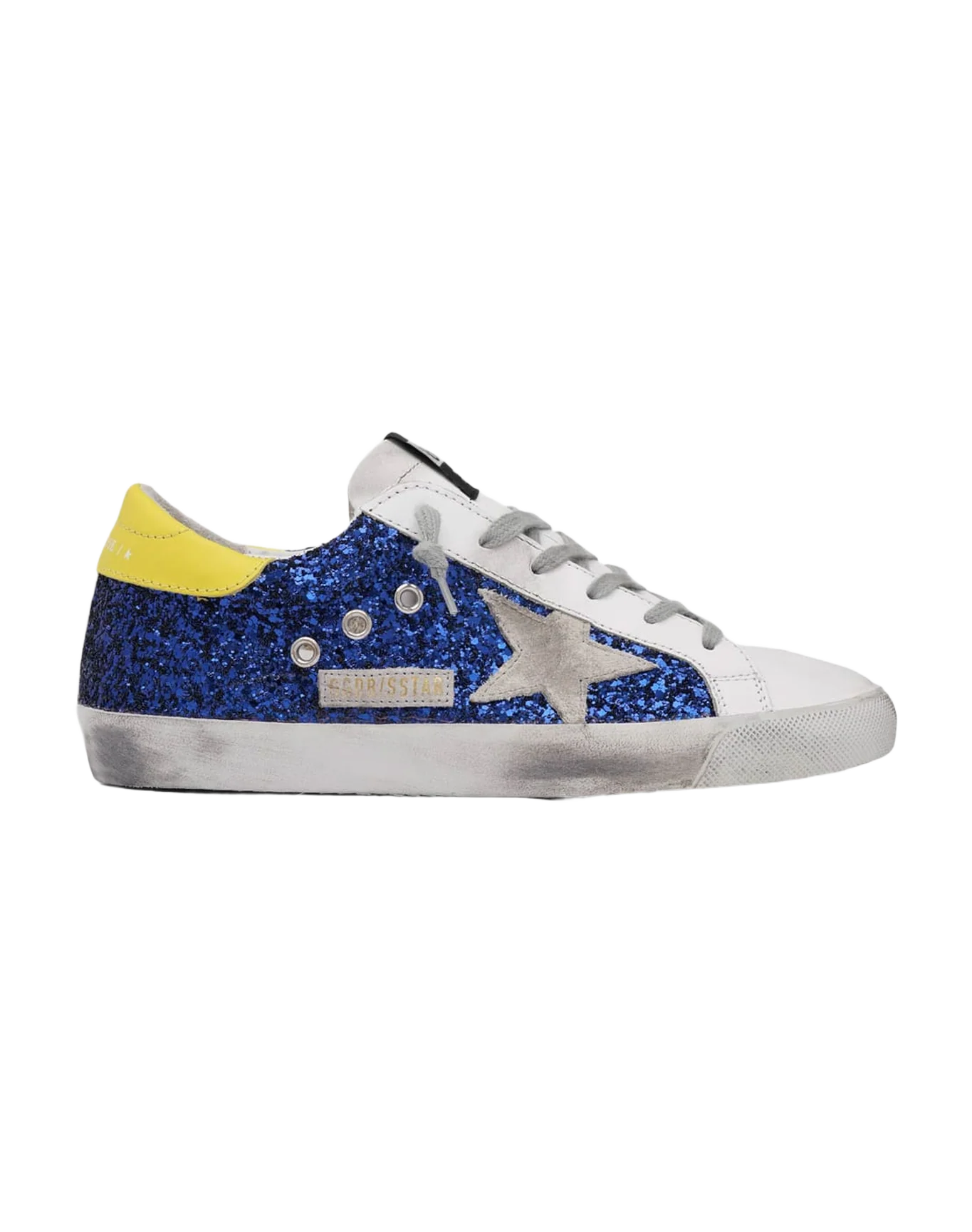 Women | Super-Star Sneakers with Blue Glitter & Yellow Heel Tab - Image 2