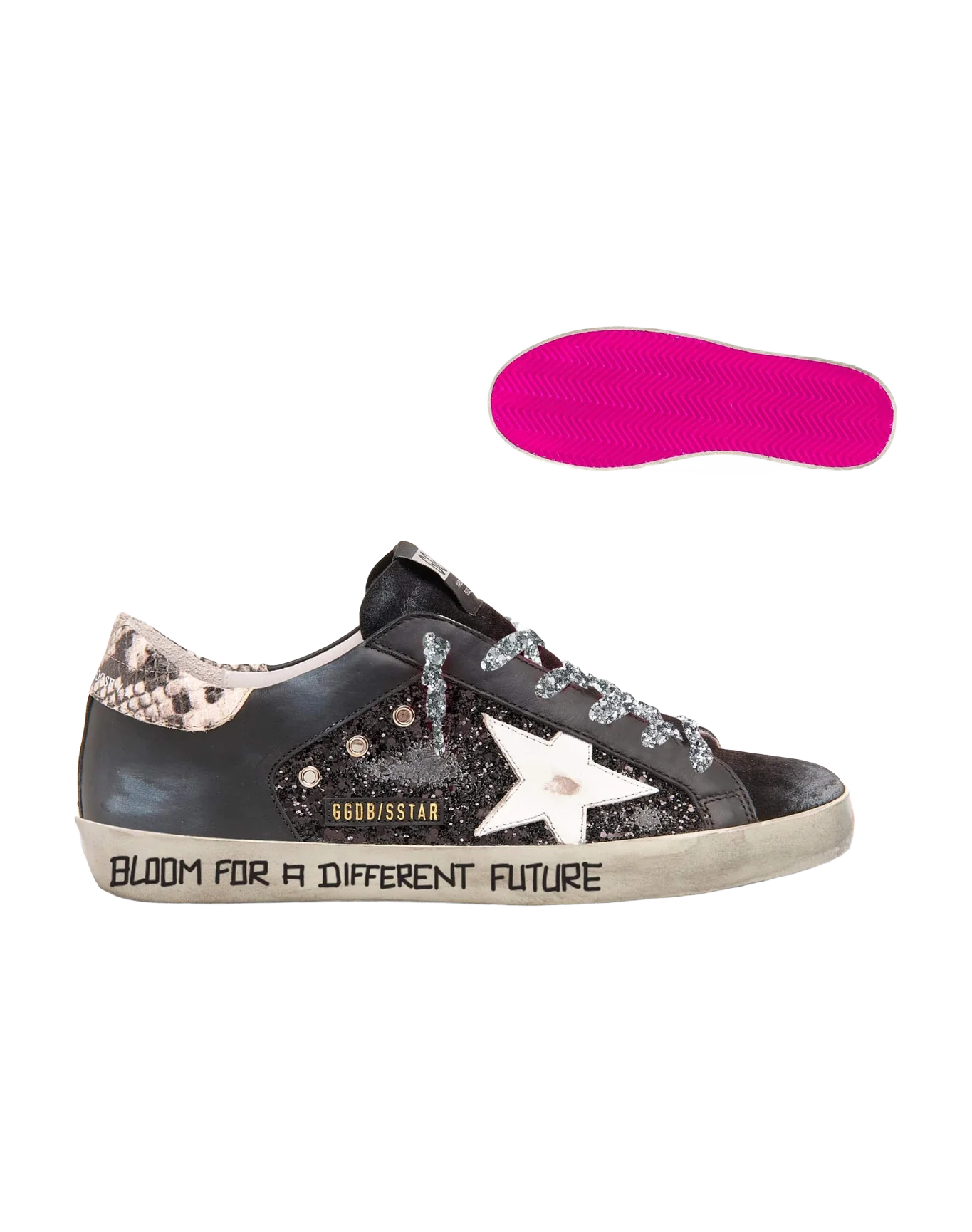 Women | Super-Star Sneakers with Glitter & Handwritten Lettering | Black x White x Rock Snake - Image 4