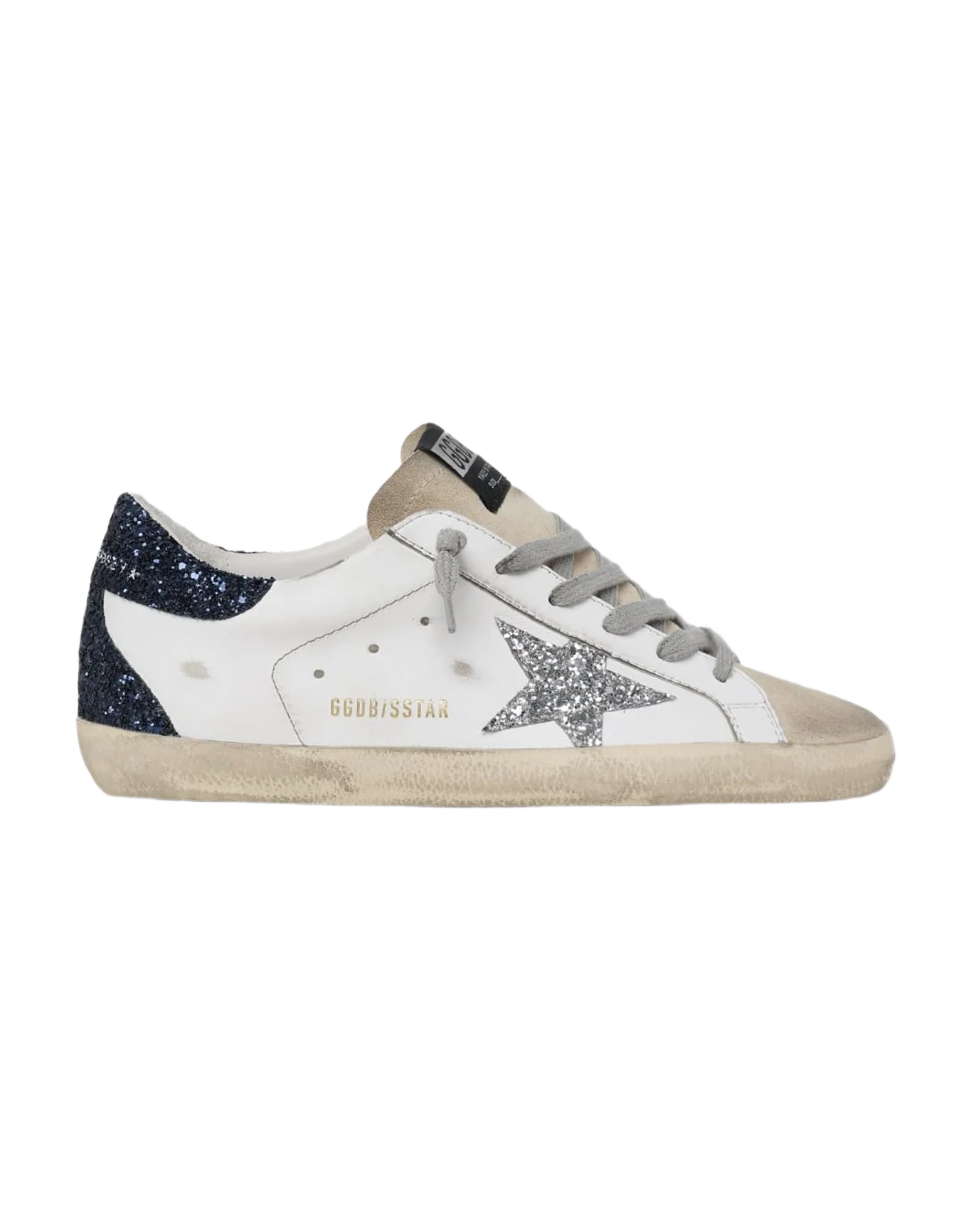 Women | Super-Star Sneakers with Glittery Heel Tab & Star | White x Beige x Silver x Night Blue