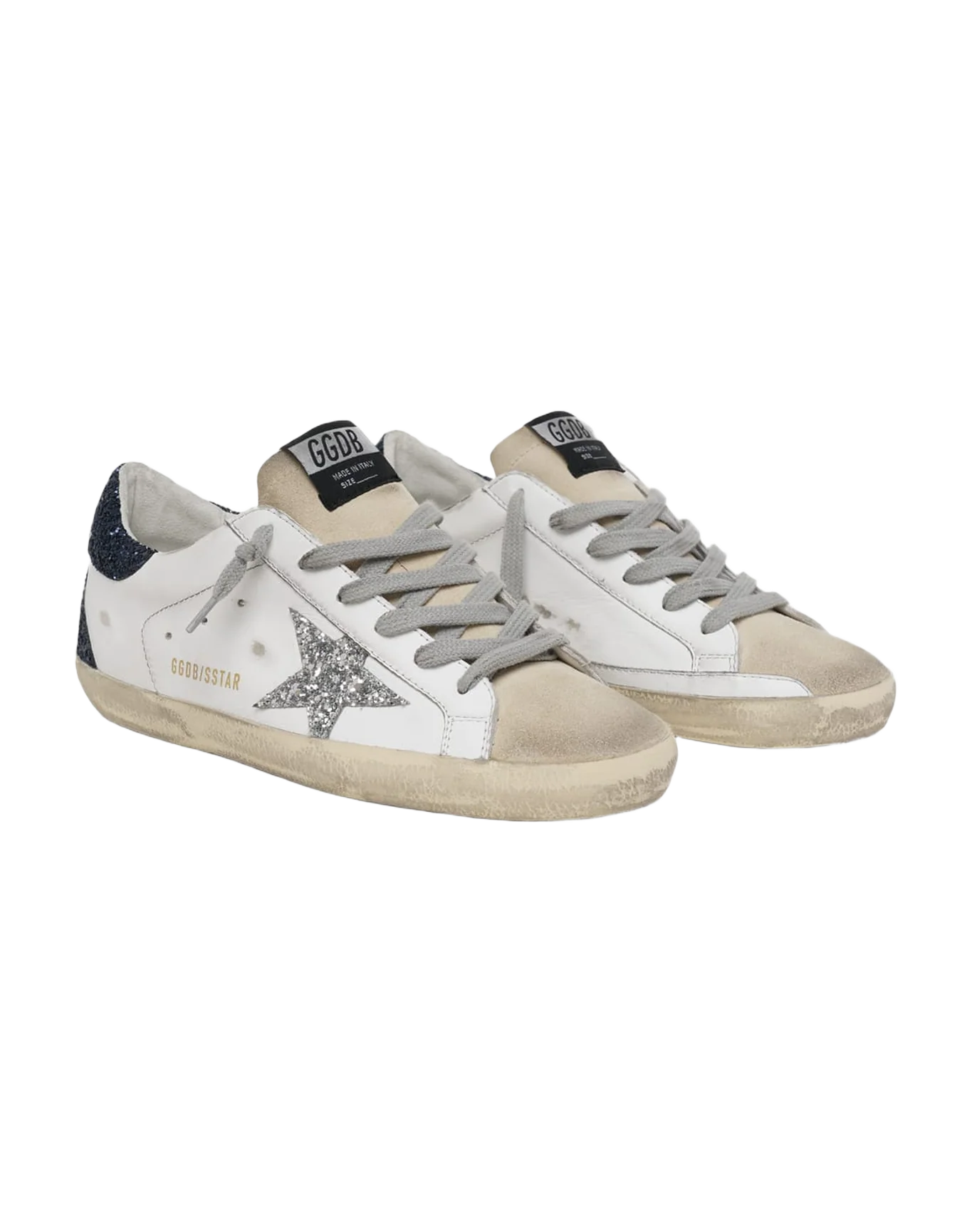 Women | Super-Star Sneakers with Glittery Heel Tab & Star | White x Beige x Silver x Night Blue - Image 3