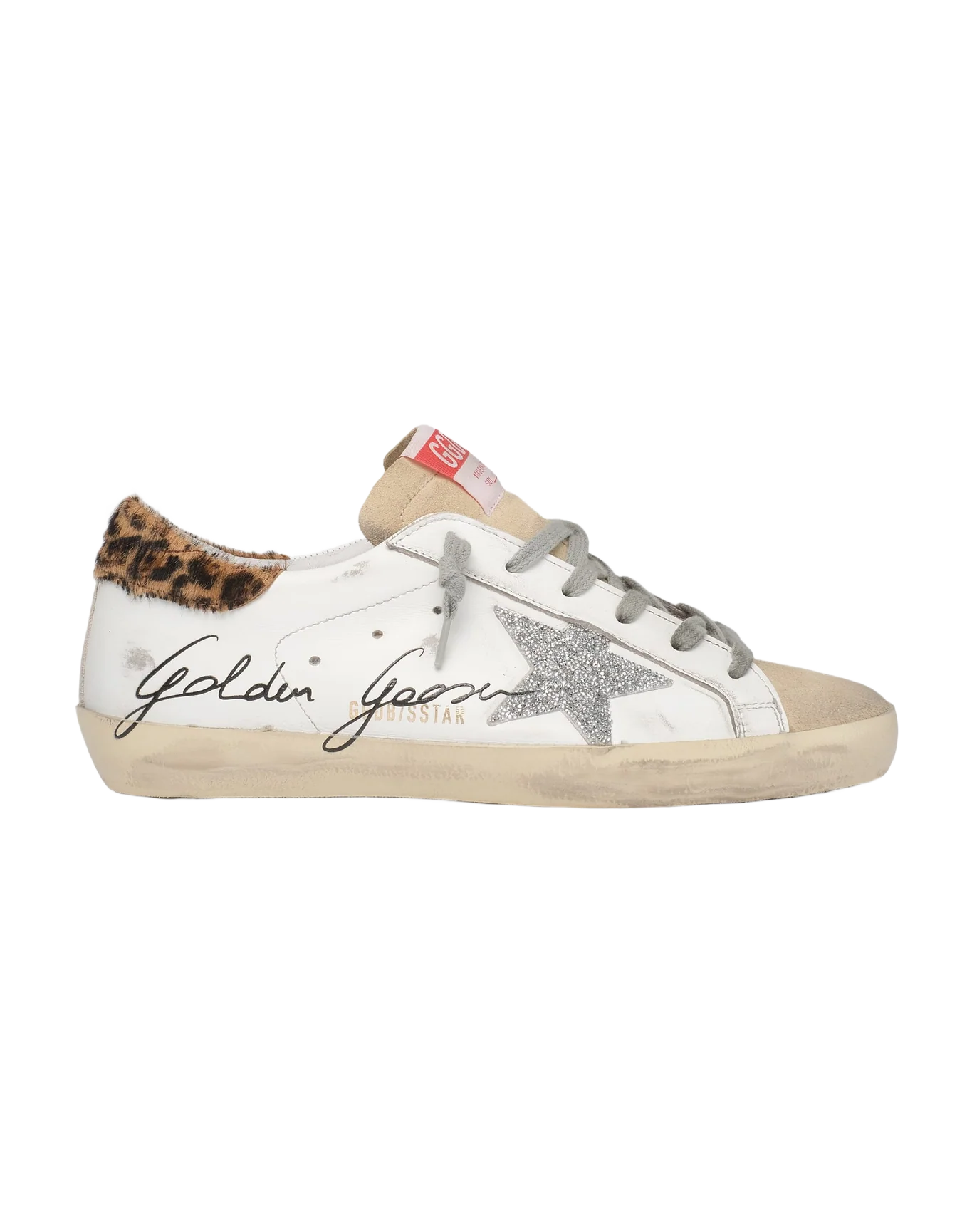 Women | Super-Star Sneakers with Leopard-Print Pony Skin Heel Tab & Swarovski Star | White x Beige x Silver x Beige Brown Leo - Image 3