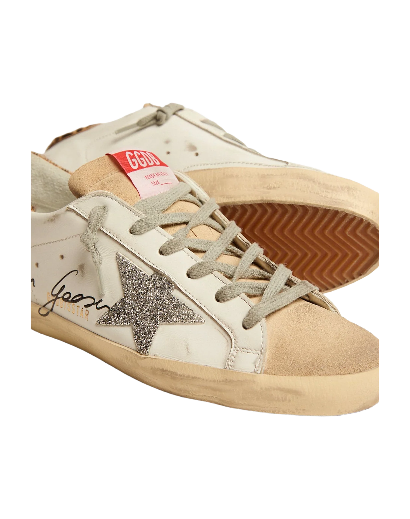 Women | Super-Star Sneakers with Leopard-Print Pony Skin Heel Tab & Swarovski Star | White x Beige x Silver x Beige Brown Leo - Image 9