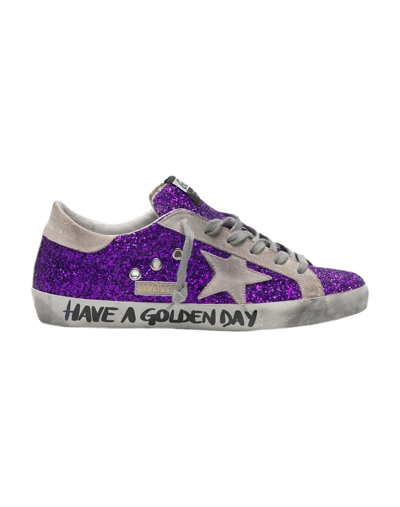 Women | Super-Star Sneakers with Purple Glitter & Lettering On The Foxing