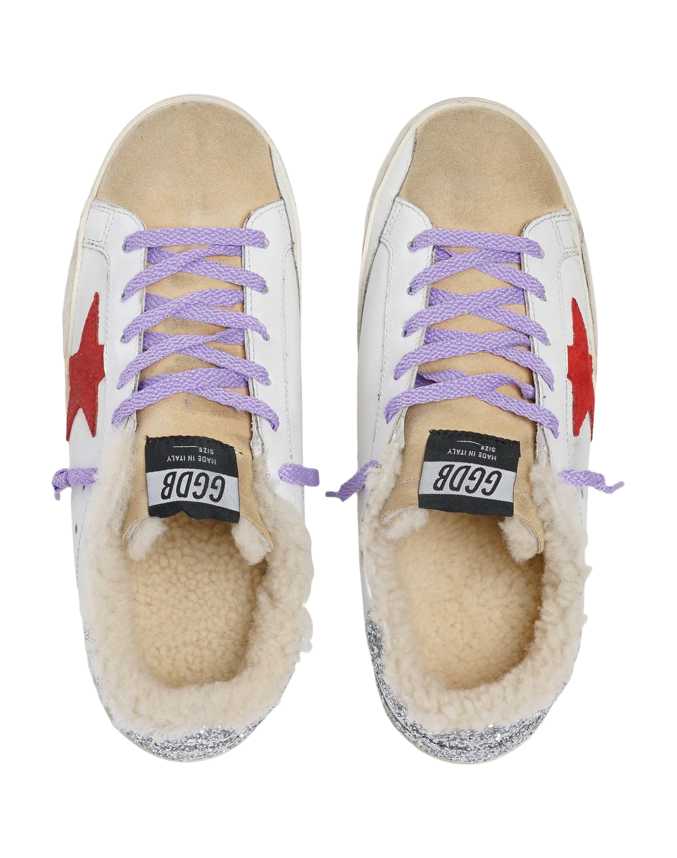 Women | Super-Star Sneakers with Shearling Lining & Red Suede Star | White x Red x Silver x Cappuccino - Image 2