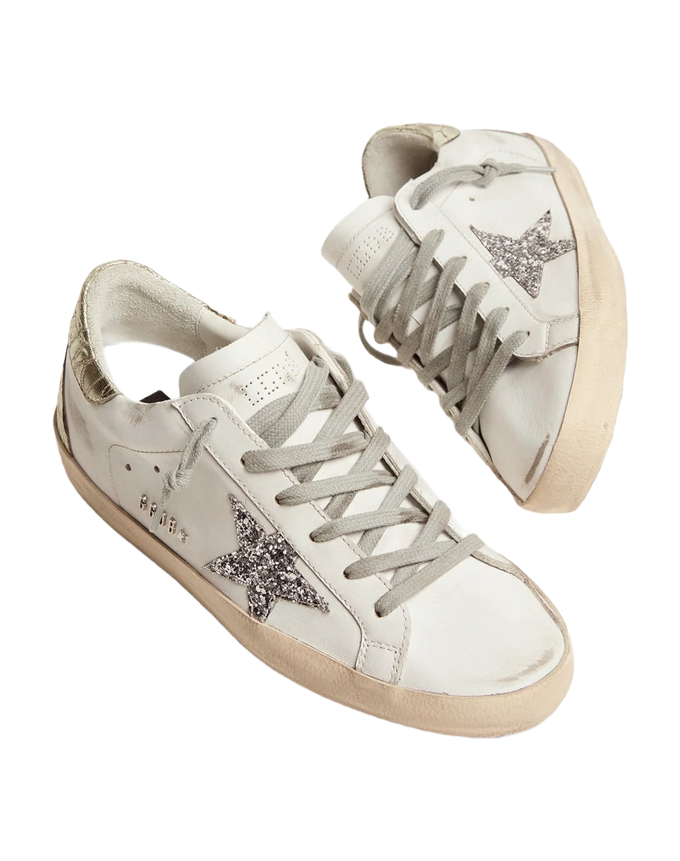 Women | Super-Star Sneakers with Silver Glitter Star & Glossy Gold Leather Heel Tab | White x Silver x Platinum - Image 2