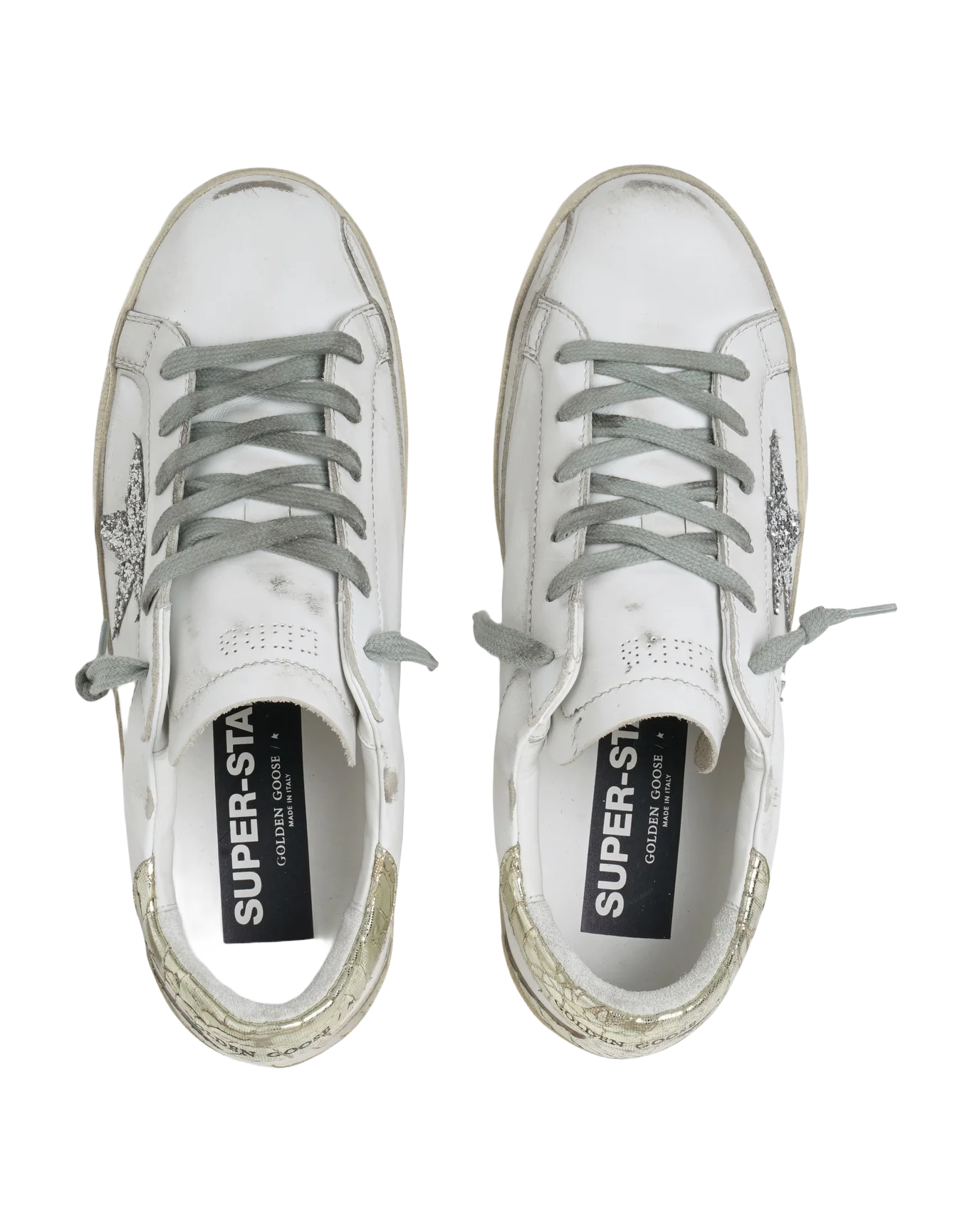 Women | Super-Star Sneakers with Silver Glitter Star & Glossy Gold Leather Heel Tab | White x Silver x Platinum - Image 3