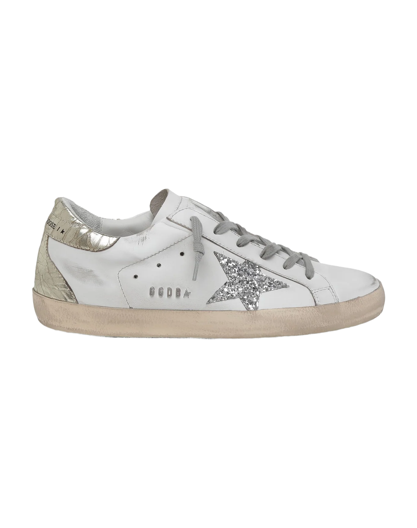 Women | Super-Star Sneakers with Silver Glitter Star & Glossy Gold Leather Heel Tab | White x Silver x Platinum - Image 5