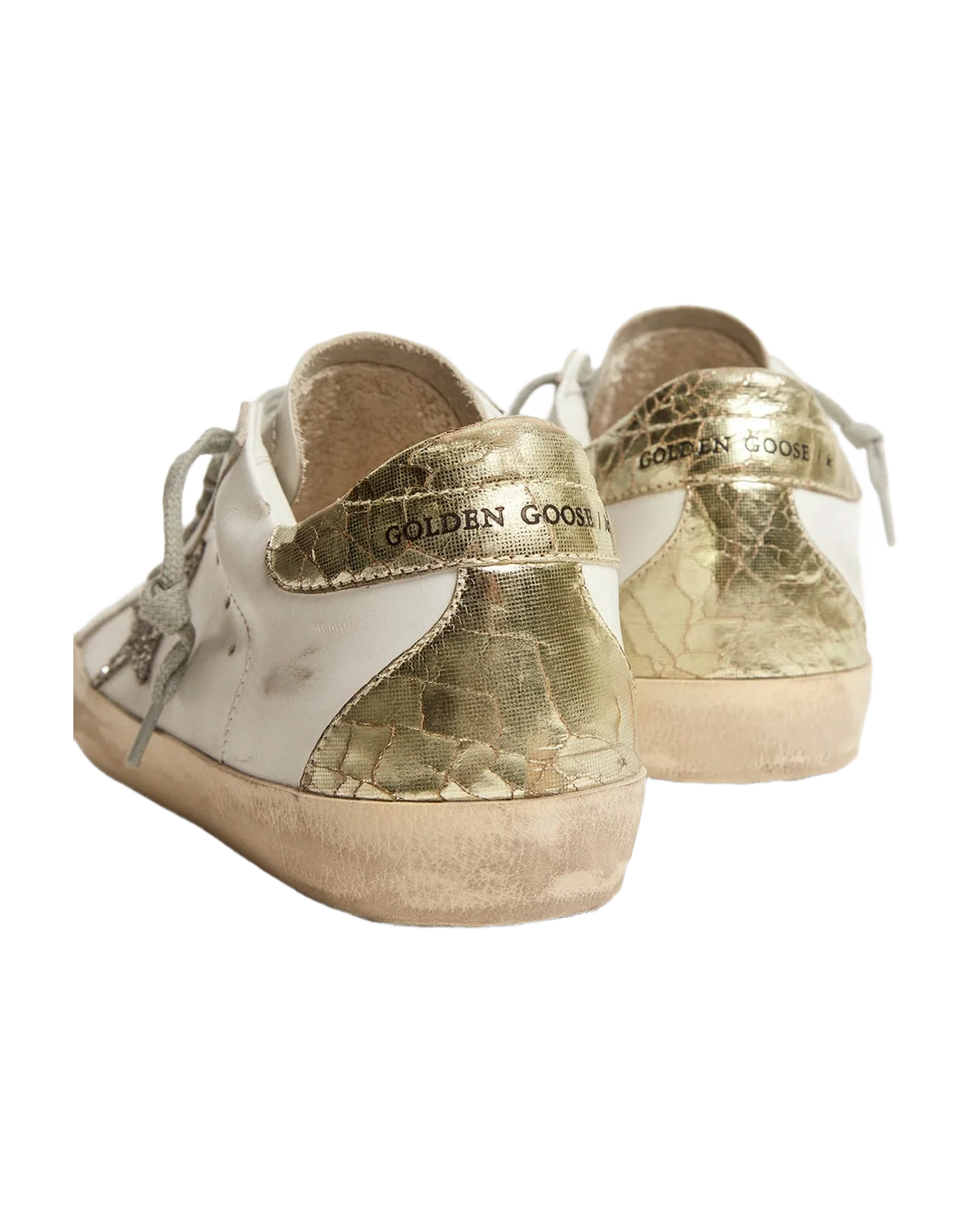 Women | Super-Star Sneakers with Silver Glitter Star & Glossy Gold Leather Heel Tab | White x Silver x Platinum - Image 6