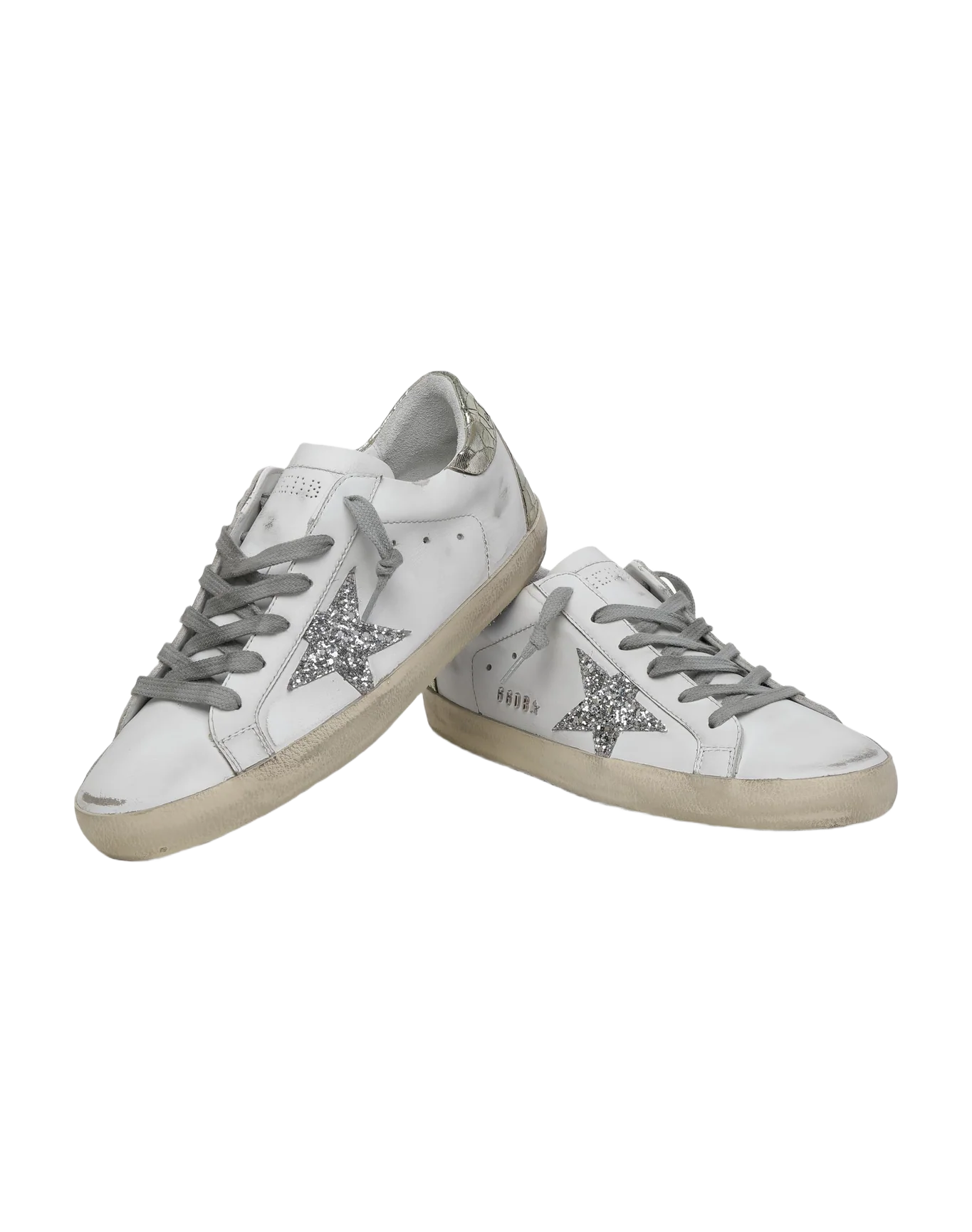 Women | Super-Star Sneakers with Silver Glitter Star & Glossy Gold Leather Heel Tab | White x Silver x Platinum - Image 8