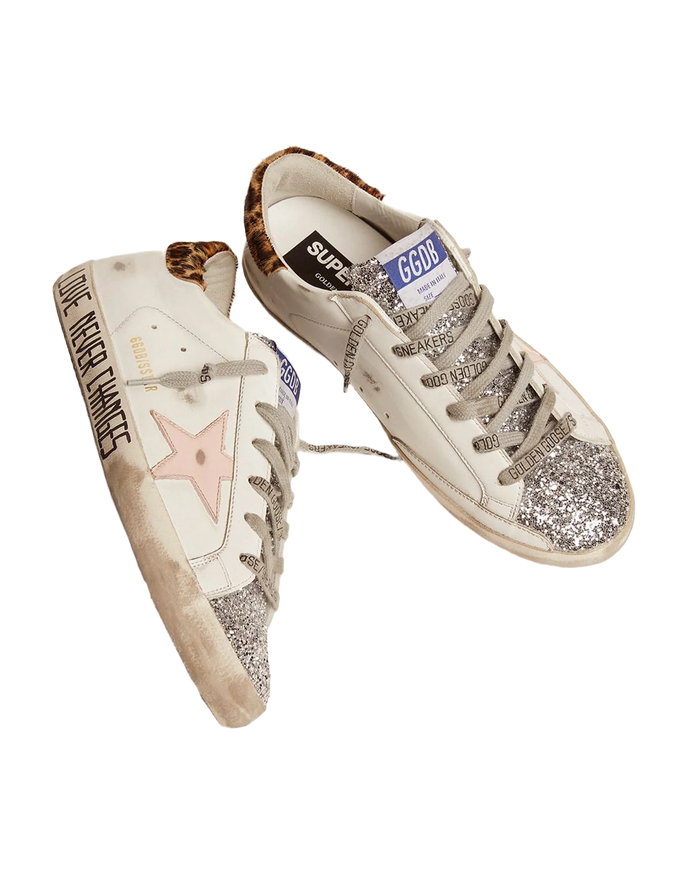 Women | Super-Star Sneakers with Silver Glitter Tongue & Handwritten Lettering | White x Rose Quartz x Silver x Beige Brown Leo - Image 3