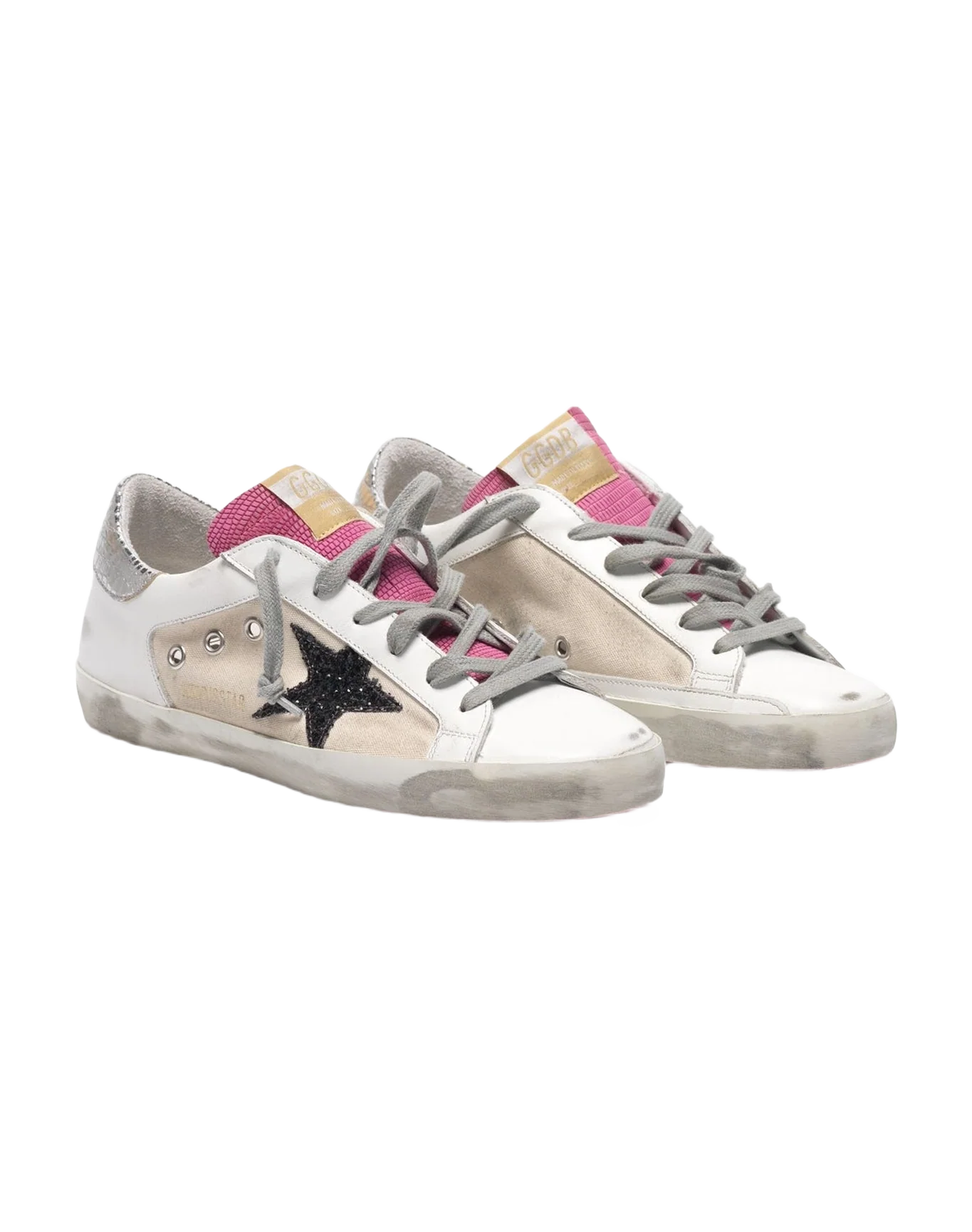 Women | Super-Star White & Pink Leather with Black Glitter Star & Silver Heel Tab