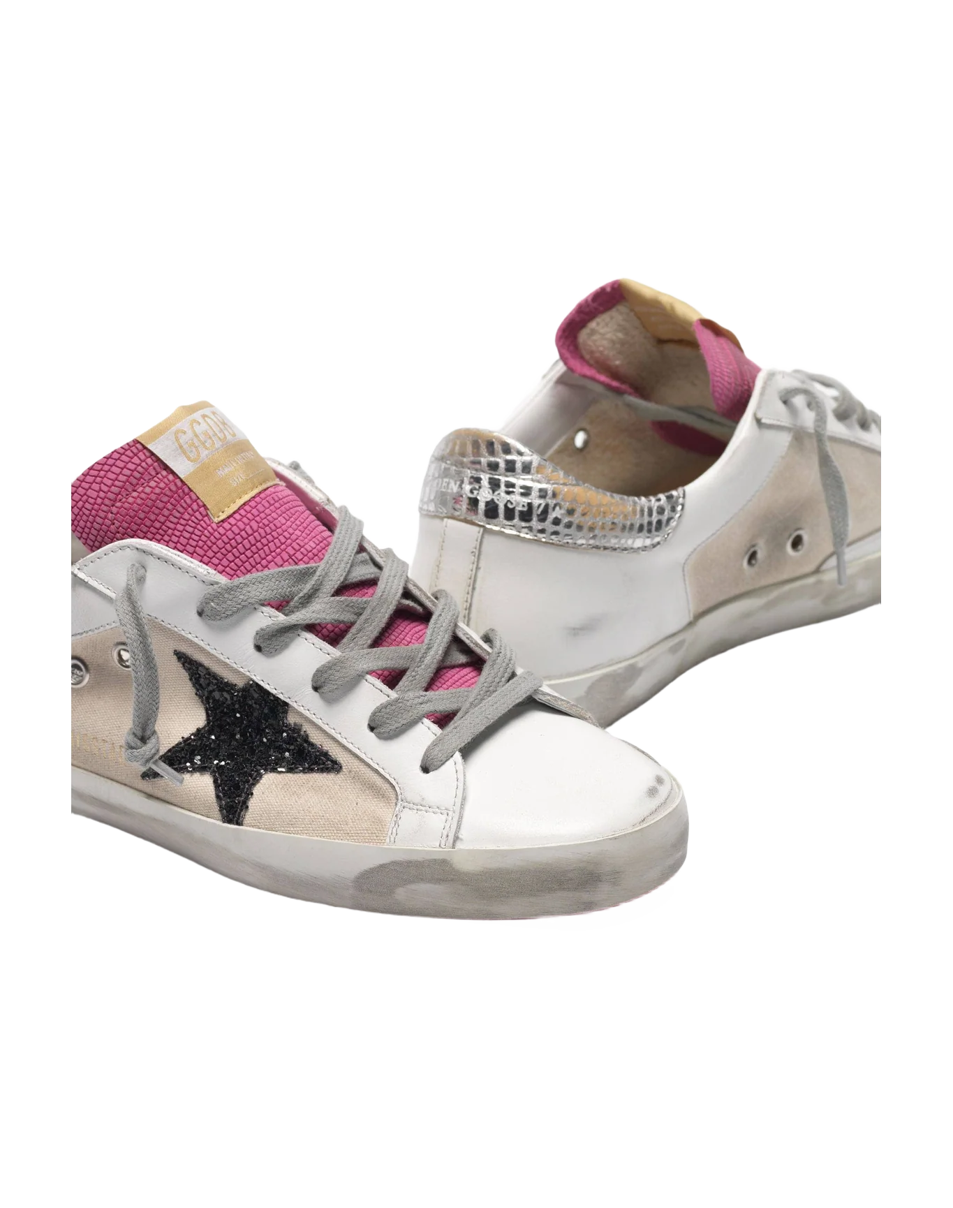 Women | Super-Star White & Pink Leather with Black Glitter Star & Silver Heel Tab - Image 3