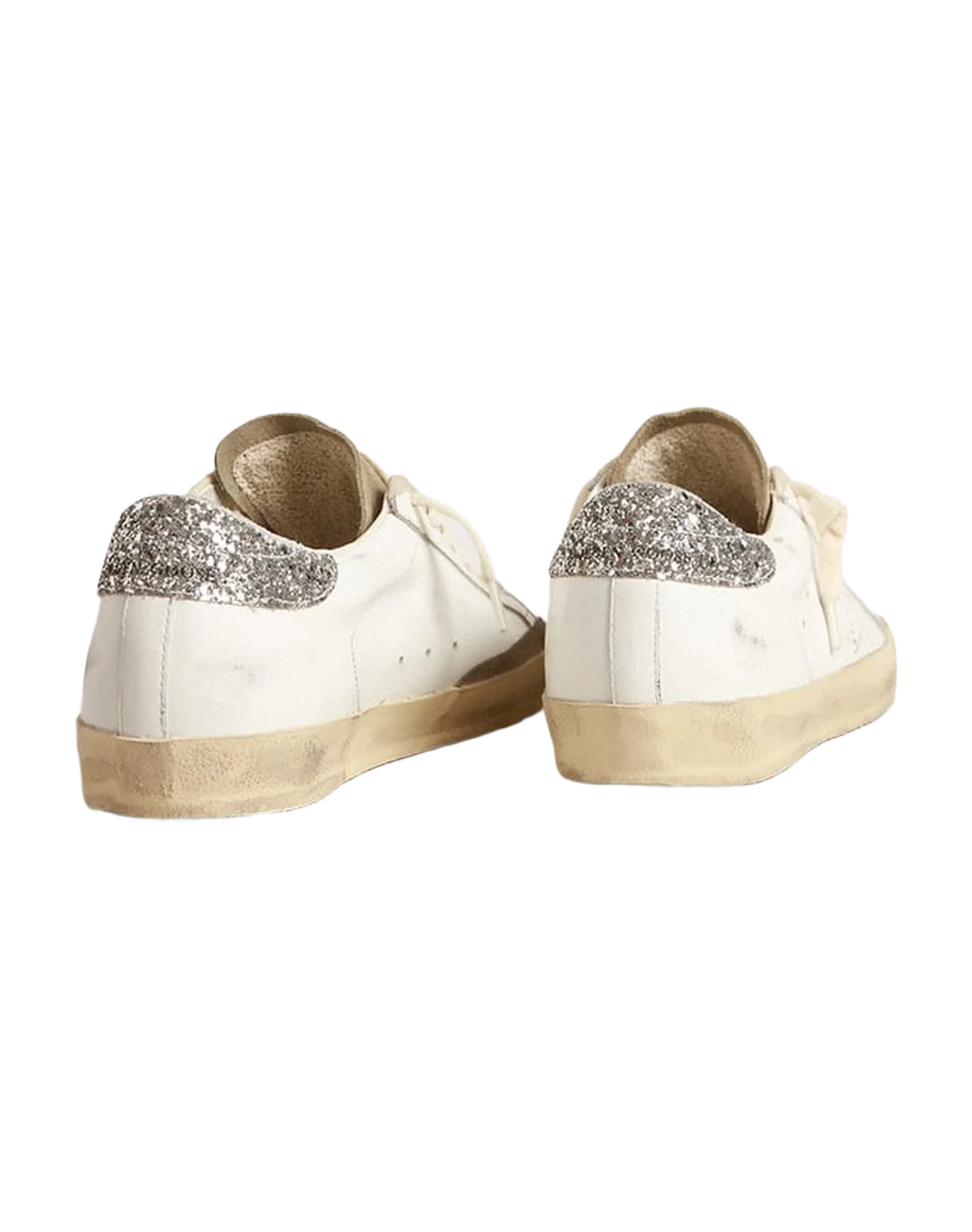 Women | Super-Star White Leather & Taupe Suede with Silver Glitter Heel | White x Taupe x Silver - Image 2