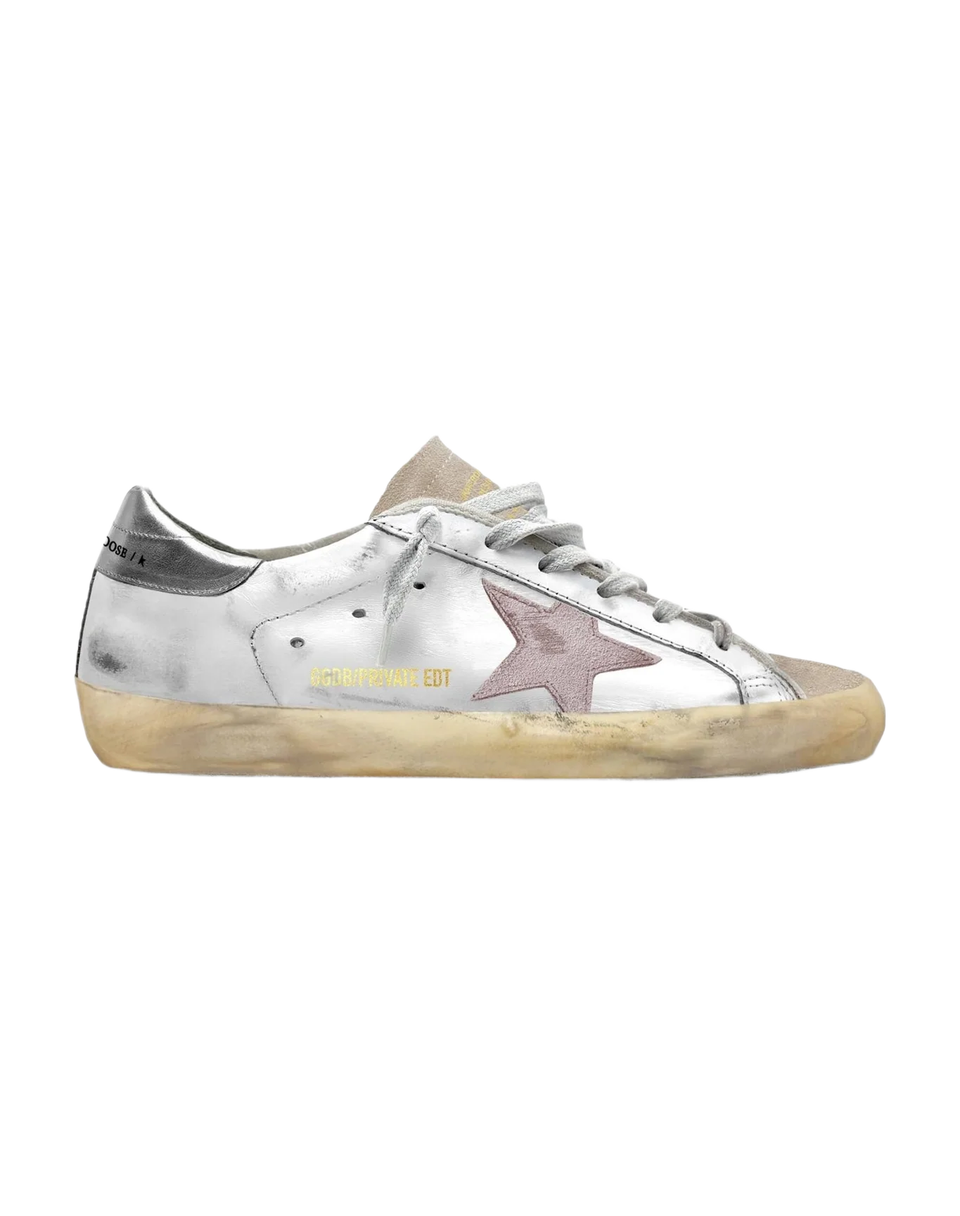 Women | Super-Star White Leather Upper & Suede Toe with Pink Suede Star & Silver Laminated Heel | White x Seedpearl x Pink x Silver