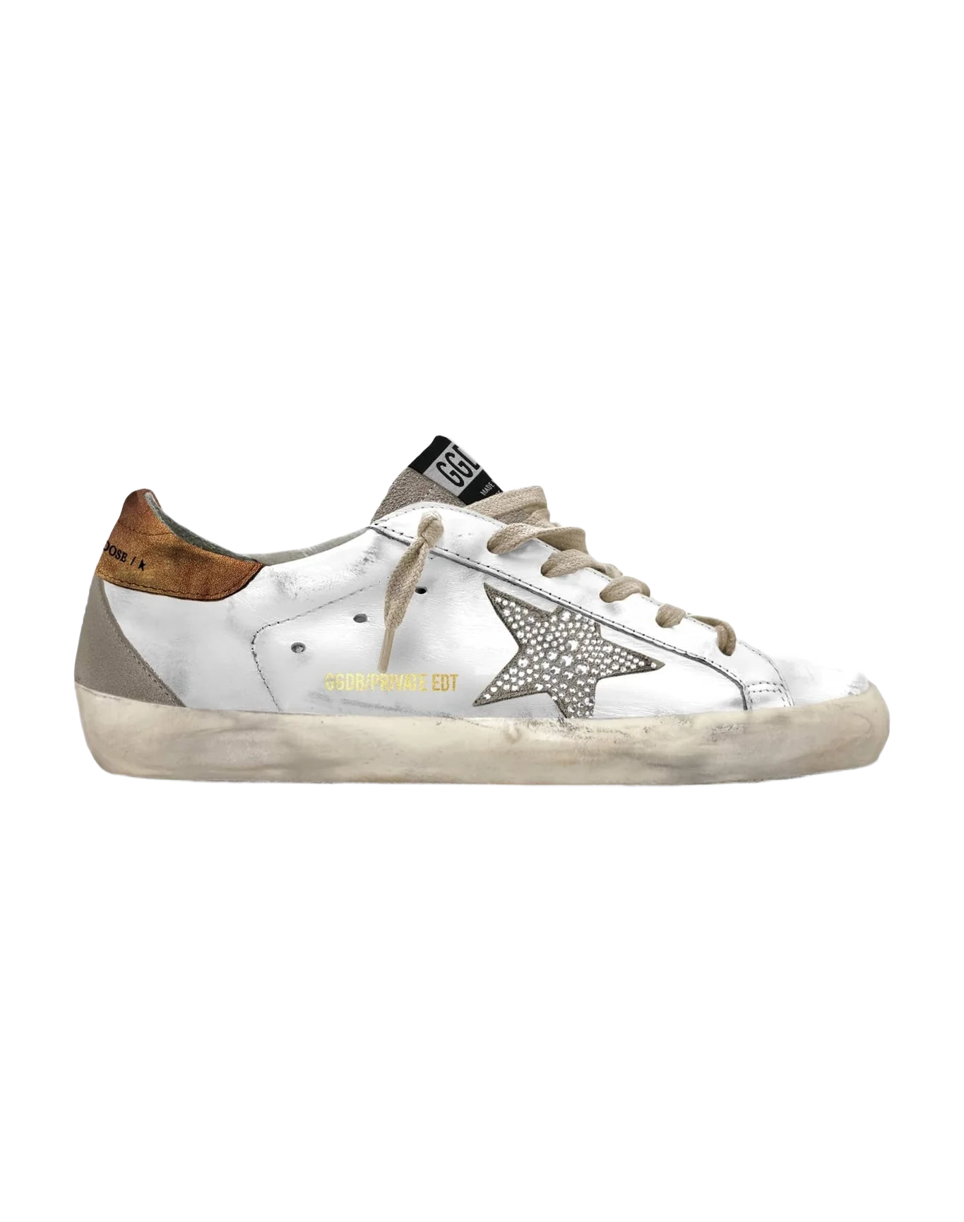 Women | Super-Star White Leather with Glitter Star & Brown Heel Tab | White x Ice x Bronze