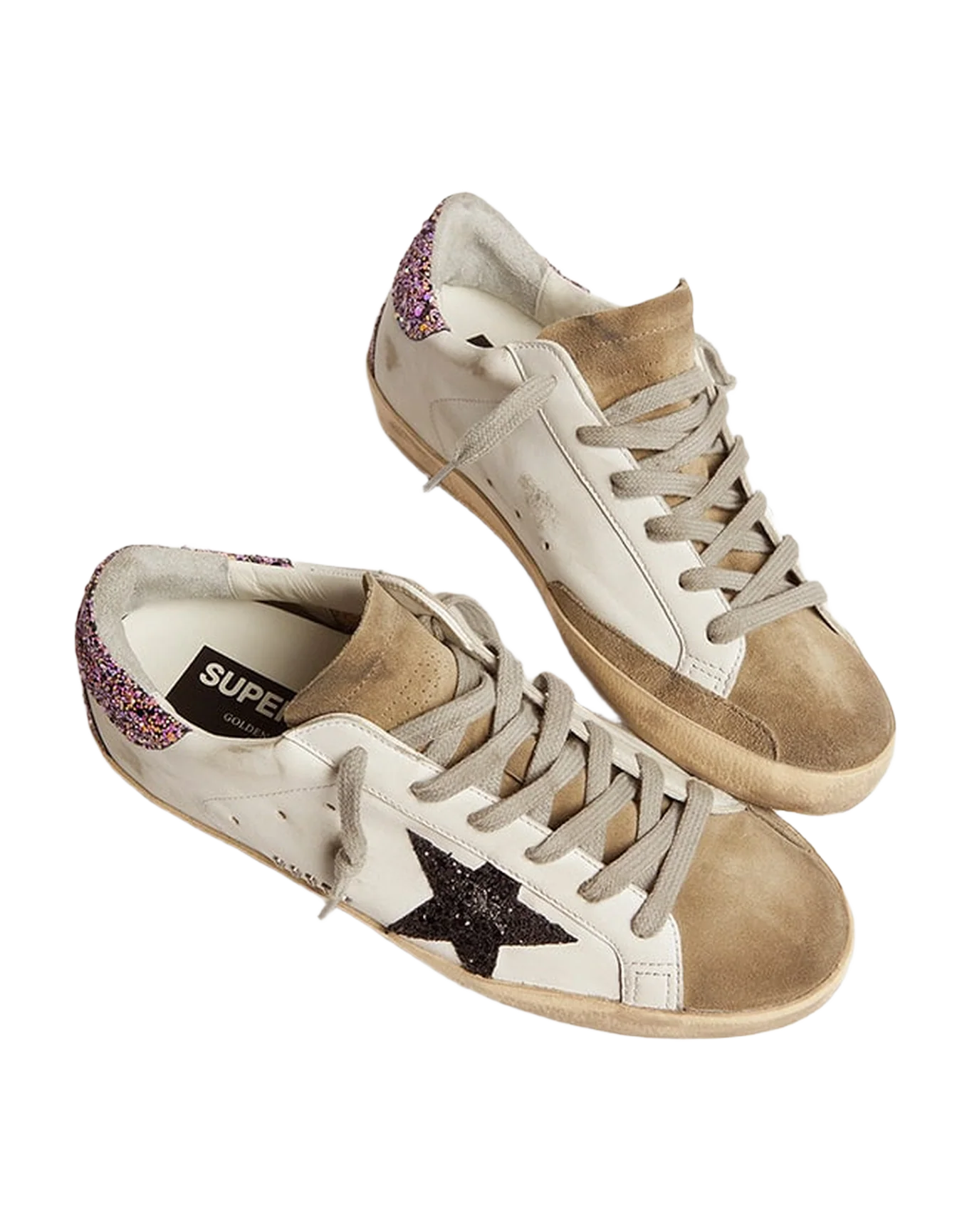 Women | Super-Star White Leather with Glitter Star & Heel Tab | White x Taupe x Fuxia Black - Image 6
