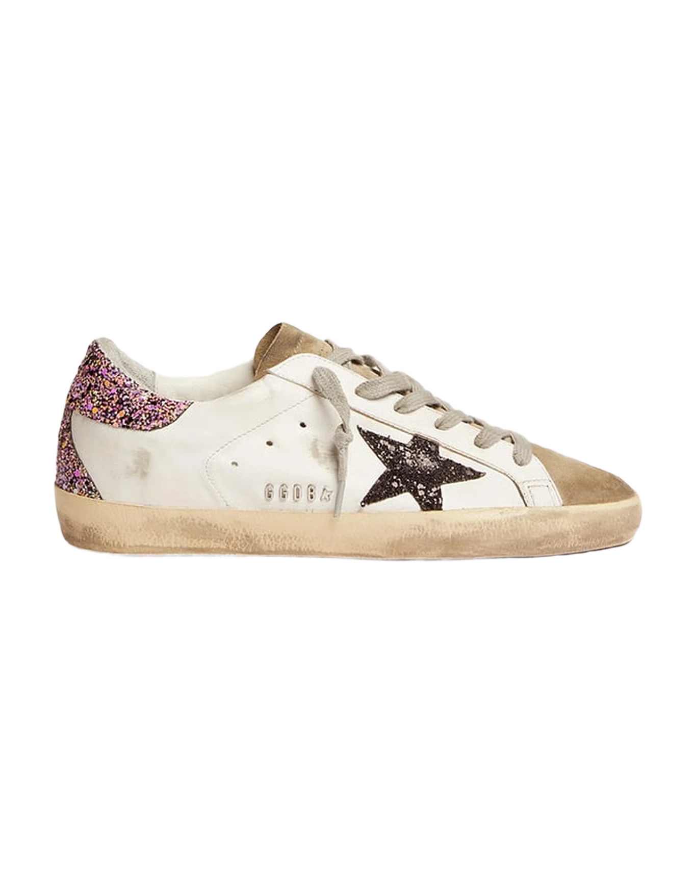 Women | Super-Star White Leather with Glitter Star & Heel Tab | White x Taupe x Fuxia Black - Image 8