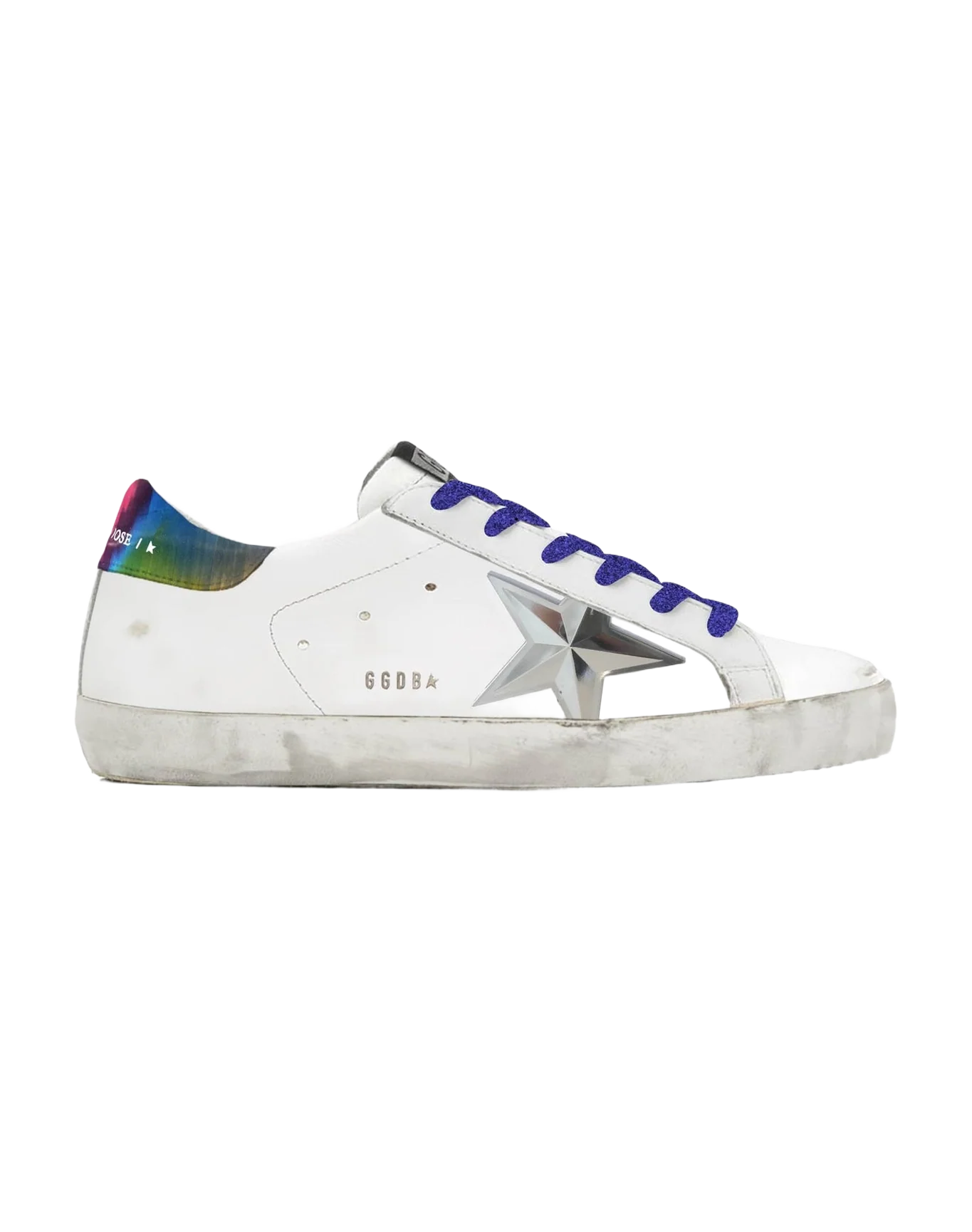 Women | Super-Star White Leather with Silver Star & Blue Laces