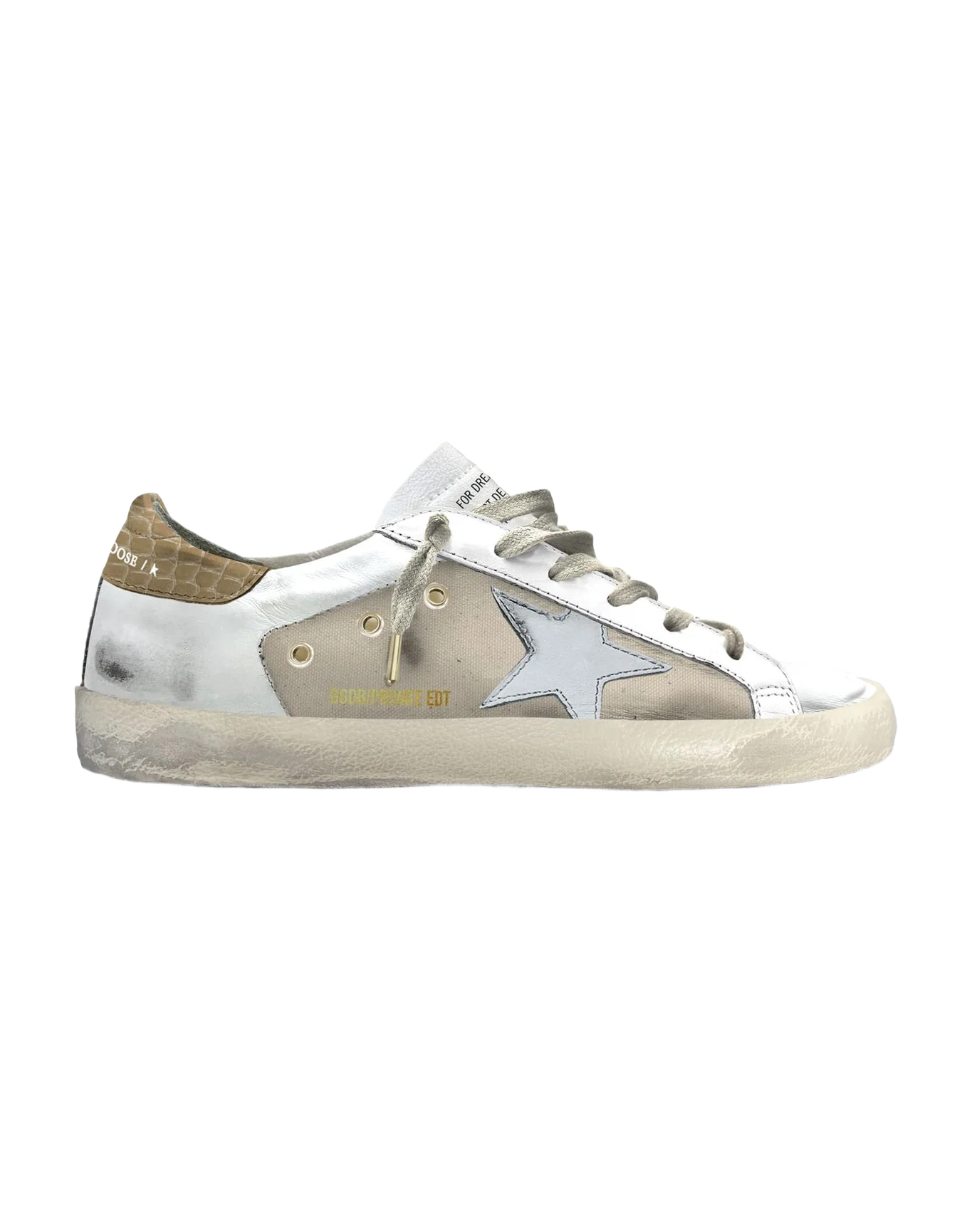 Women | Super-Star with Grey Star & Beige Leather Heel Tab | Optic White x Grey Dawn x Tobacco